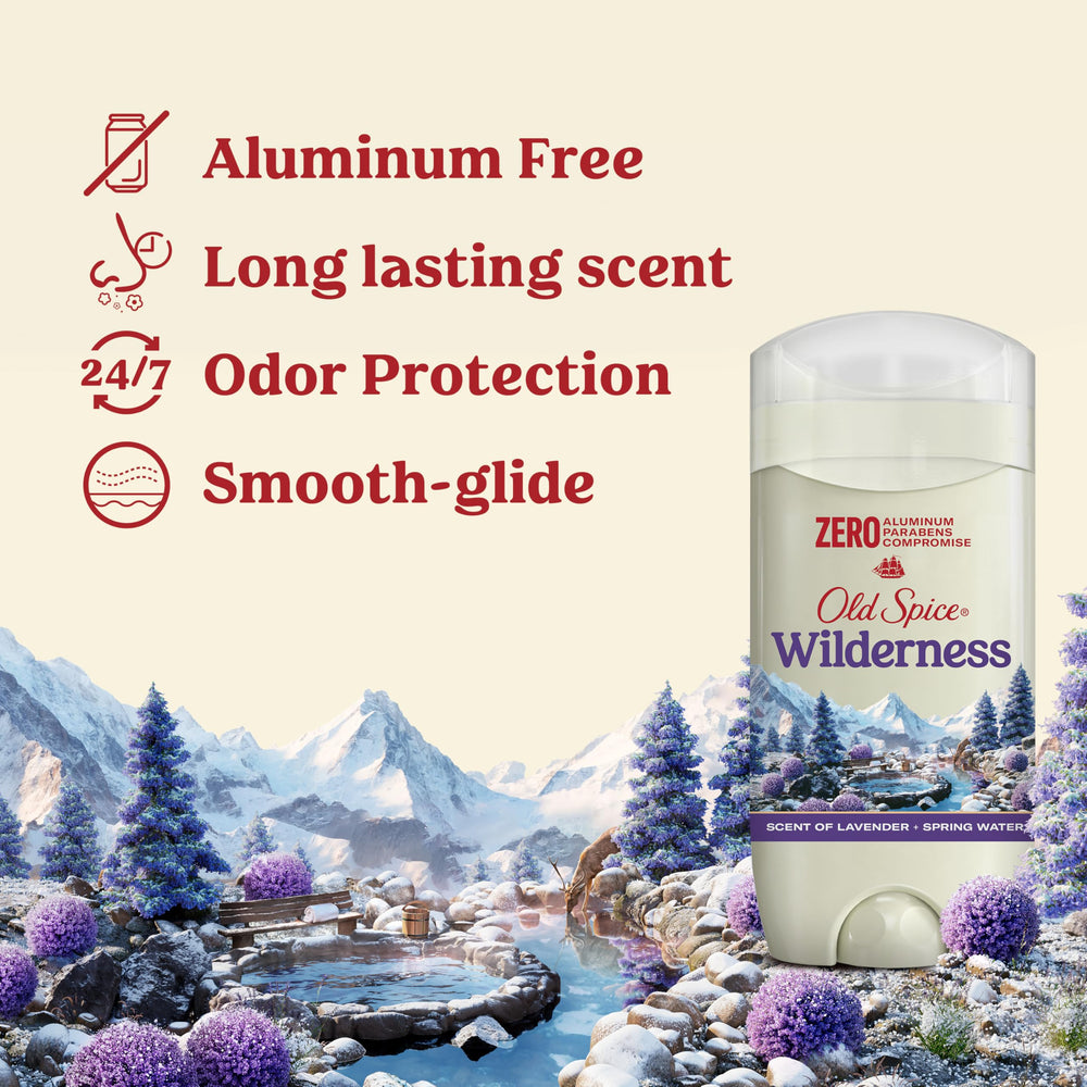Old Spice Wilderness Lavender packaging shows aluminum-free formula for a clean finish.