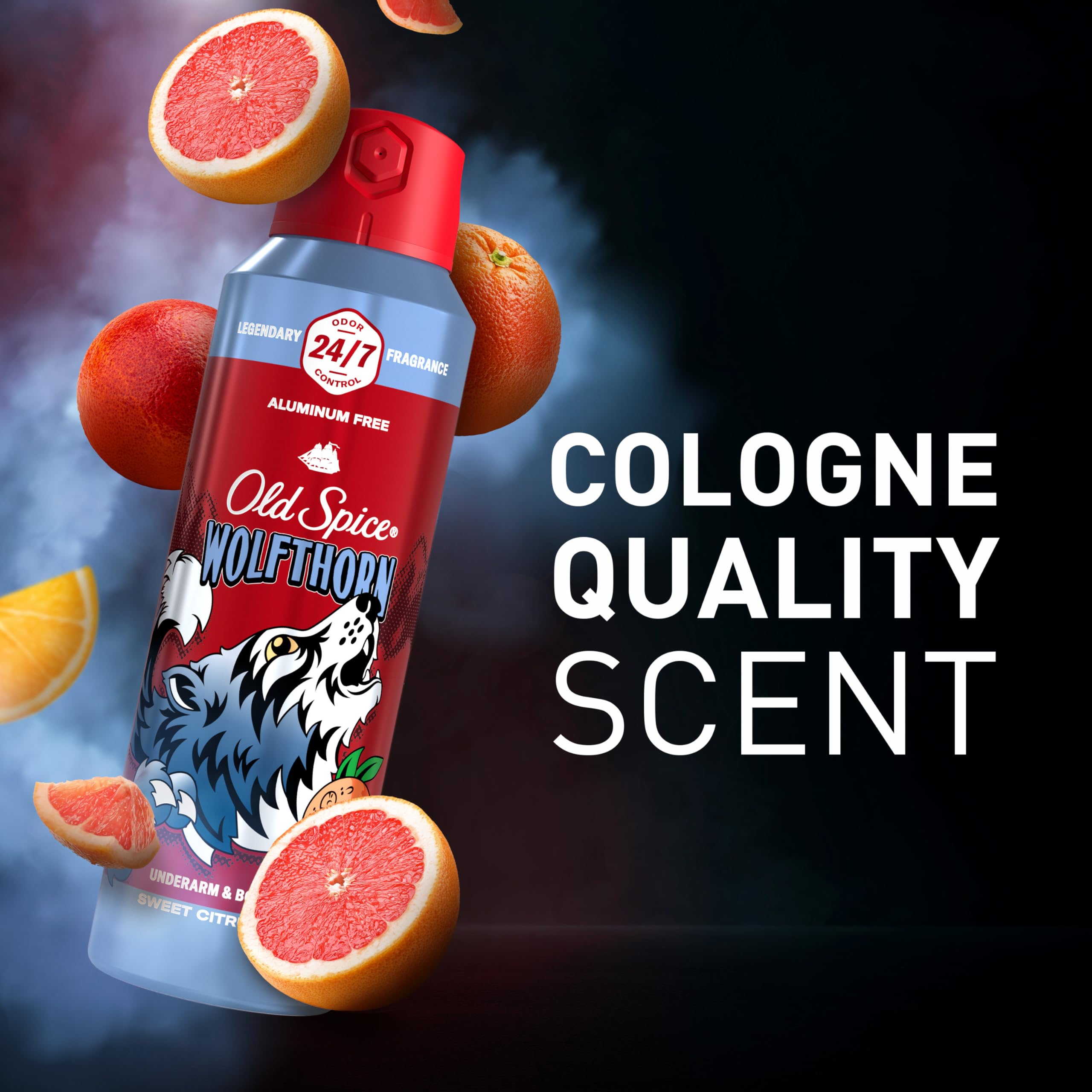 Old Spice Wolfthorn fragrance notes with mandarin orange and tropical fruit blend.
