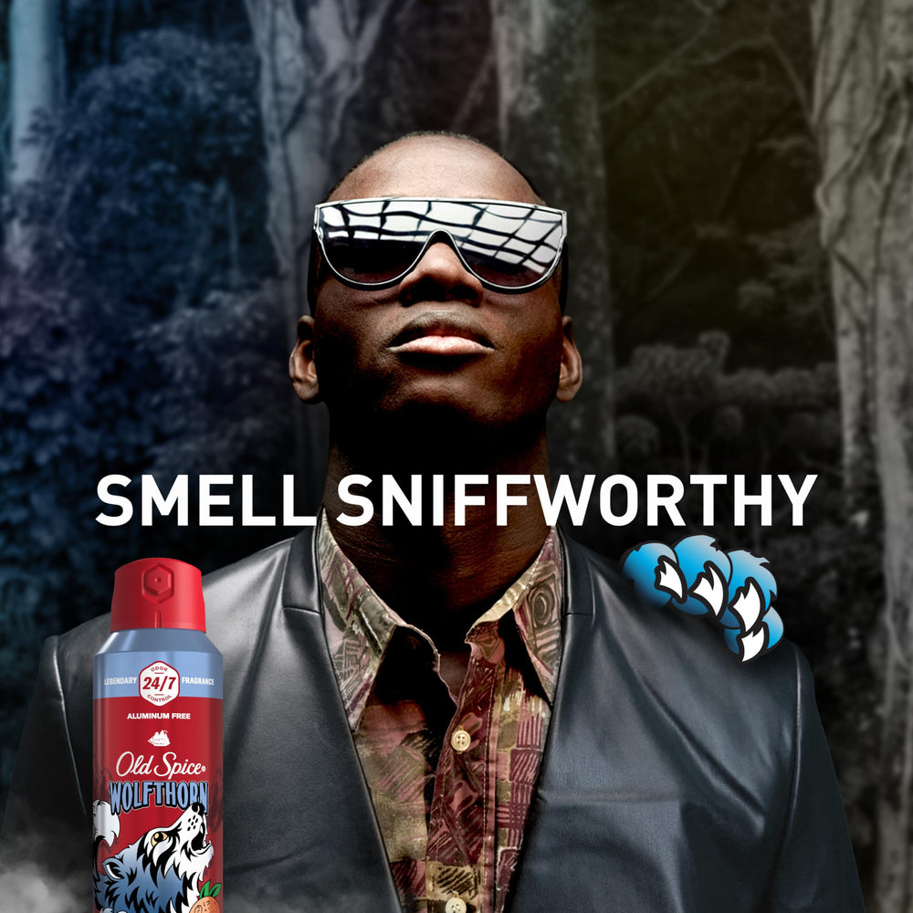 Close-up of Old Spice Wolfthorn ingredients label, aluminum-free formula.