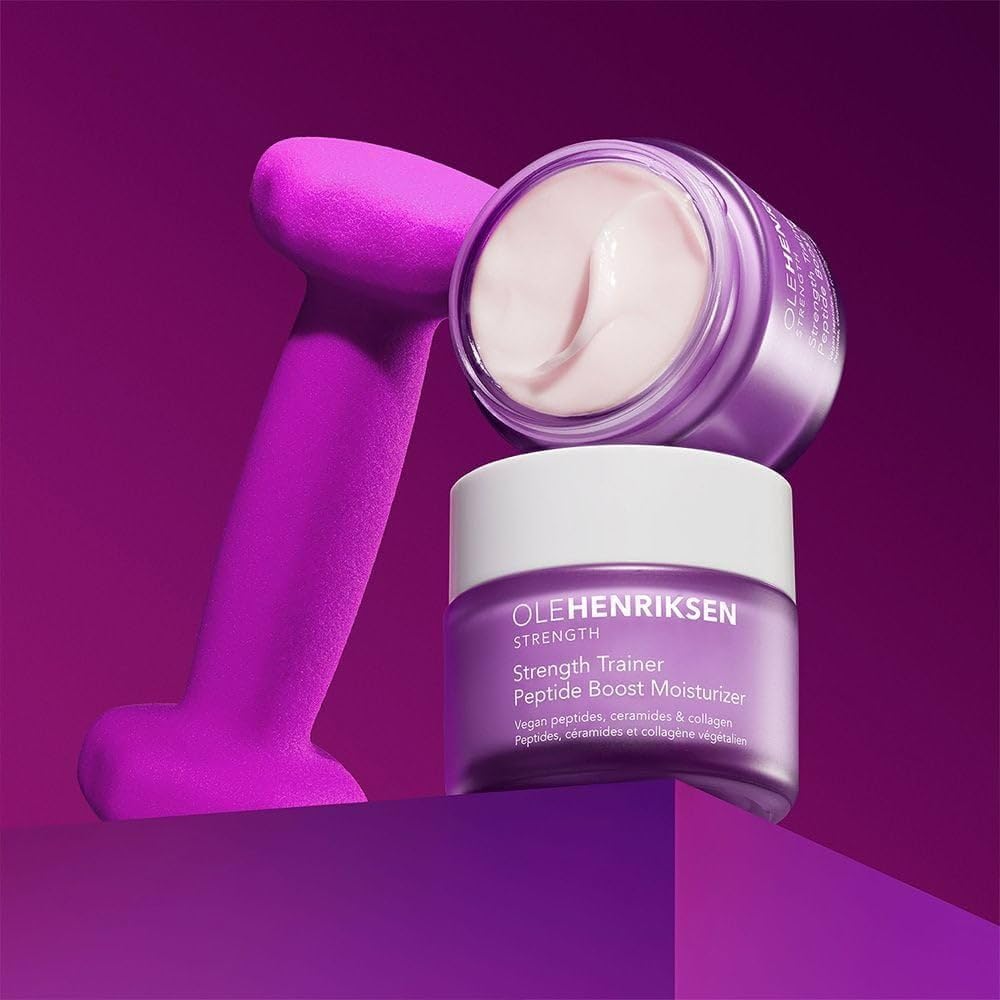 Vegan peptides and ceramides highlighted in Ole Henriksen Strength Trainer moisturizer.