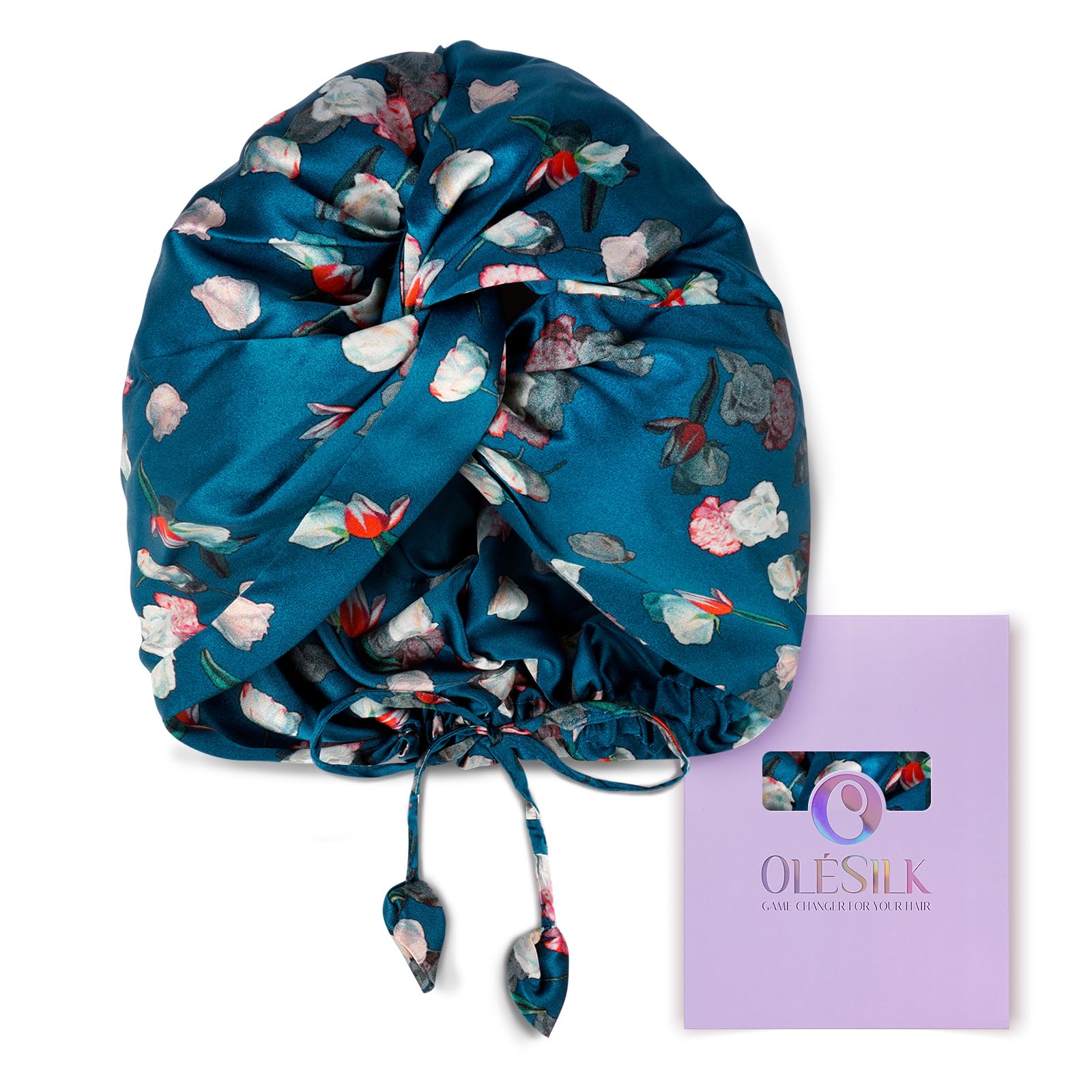 OLESILK silk bonnet with adjustable fit for secure night wear, preventing tangles.