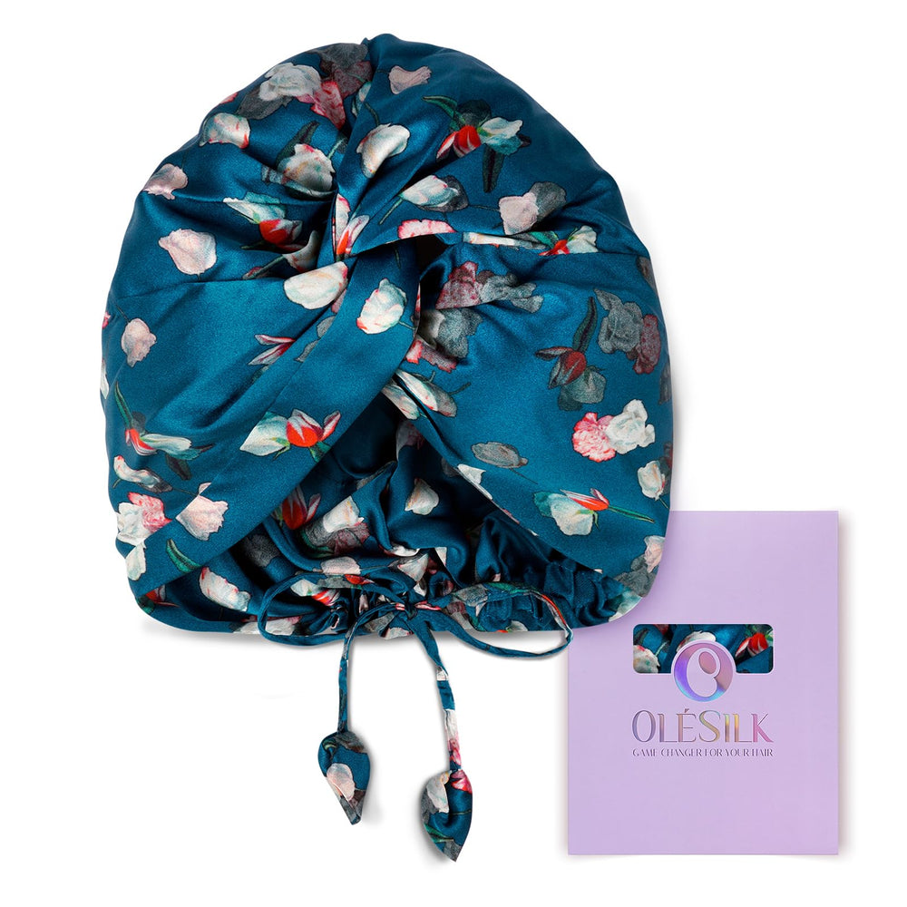 OLESILK silk bonnet with adjustable fit for secure night wear, preventing tangles.