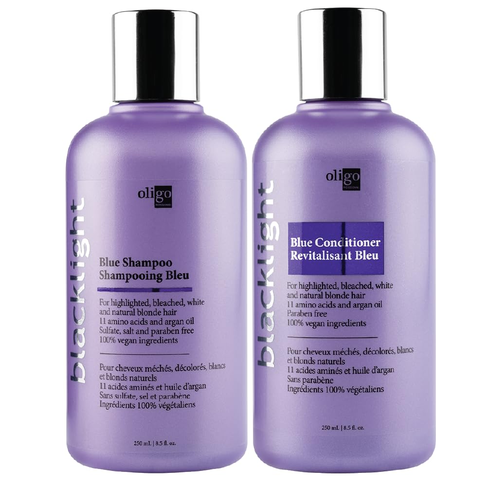 Oligo Professionnel Blacklight Blue shampoo bottle reduces brass on blond hair
