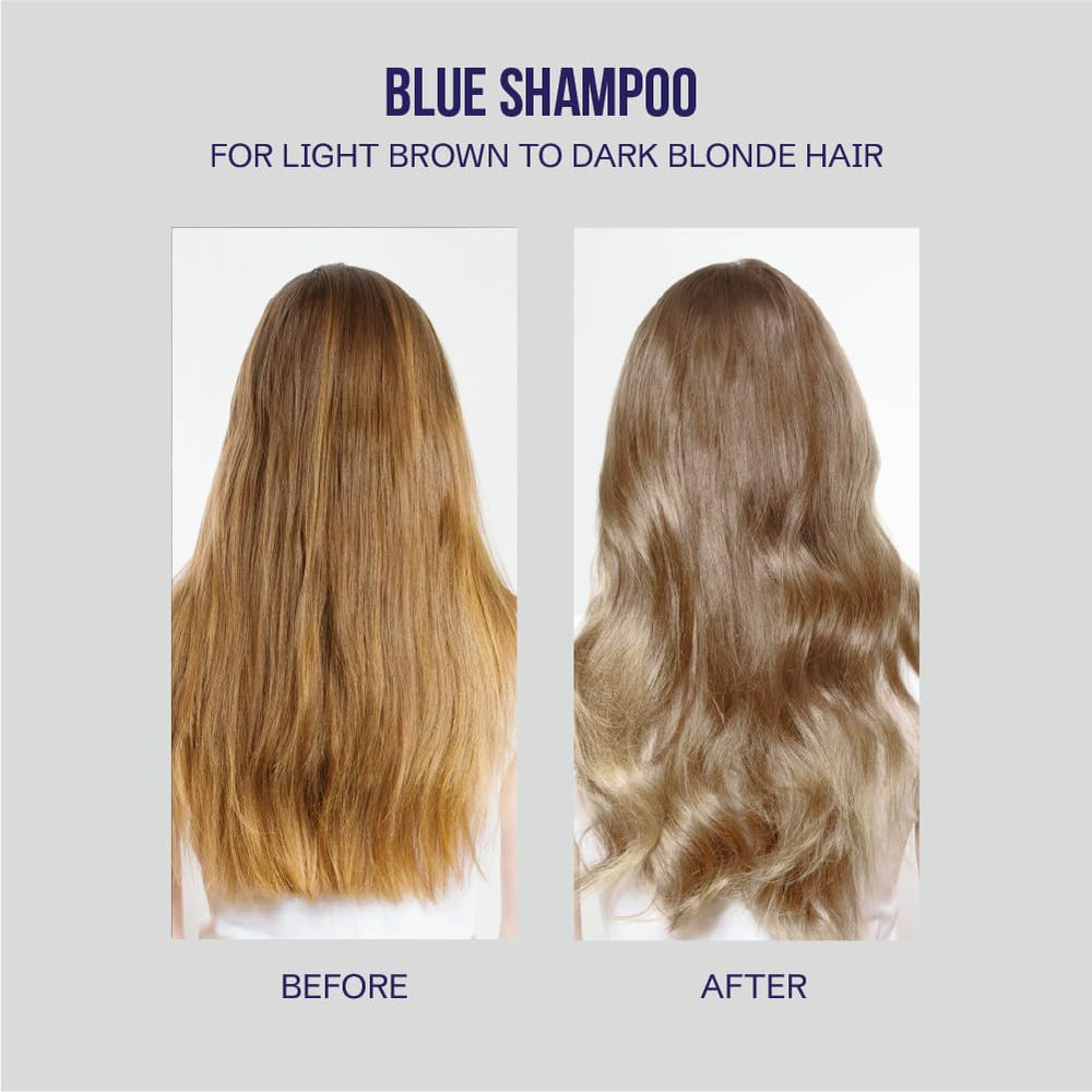 Oligo Professionnel Blacklight Blue Shampoo on pale blonde hair shows refreshed tones.