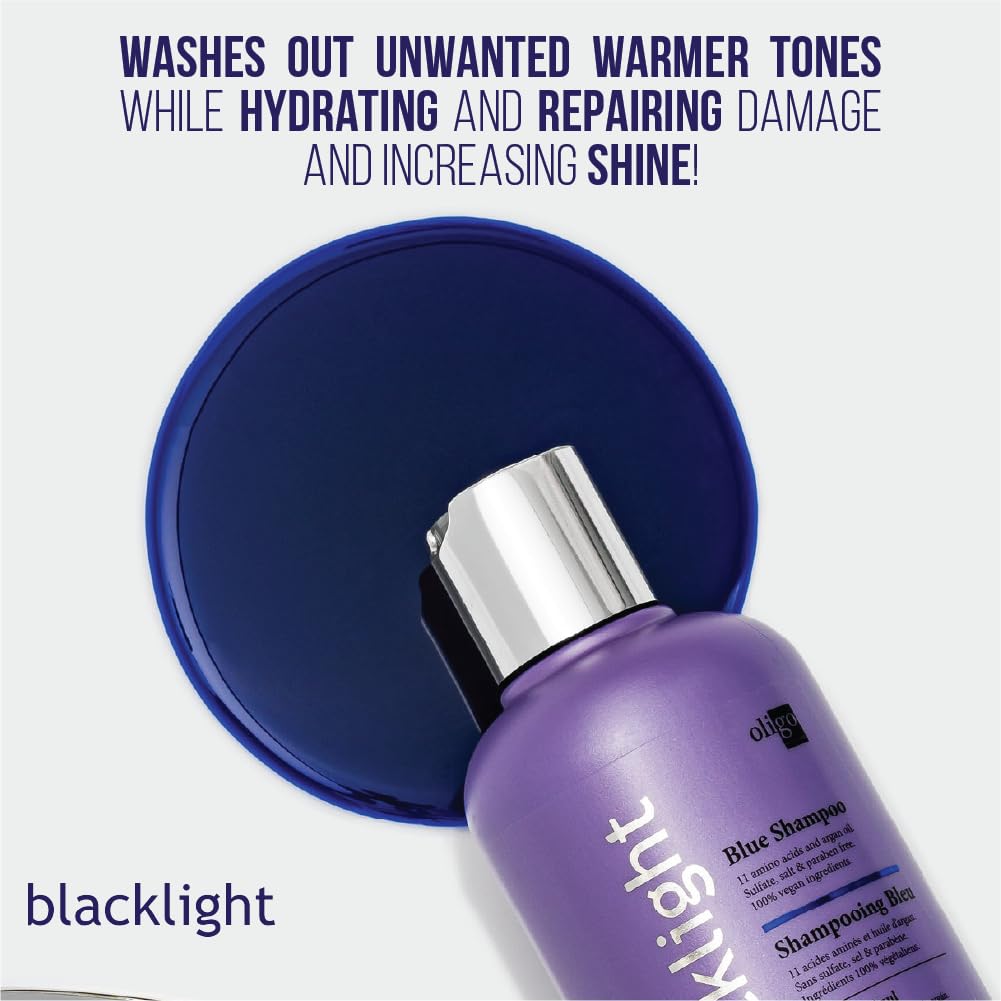 Oligo Professionnel Blacklight Blue Shampoo lather demonstrates blue toning for highlights.