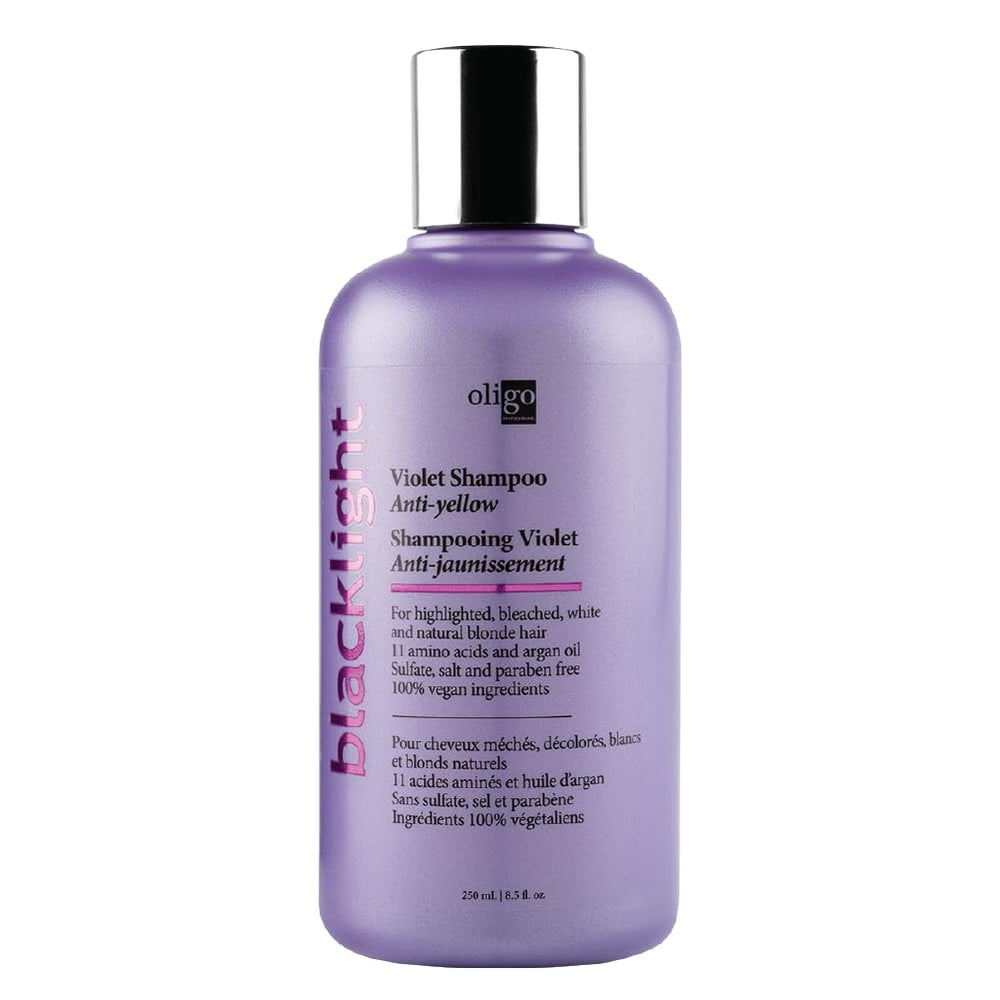 Oligo Professionnel Blacklight Violet Shampoo bottle highlights violet pigment to neutralize yellow tones.