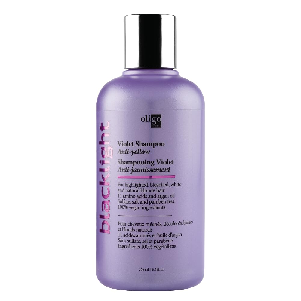 Oligo Professionnel Blacklight Violet Shampoo bottle highlights violet pigment to neutralize yellow tones.