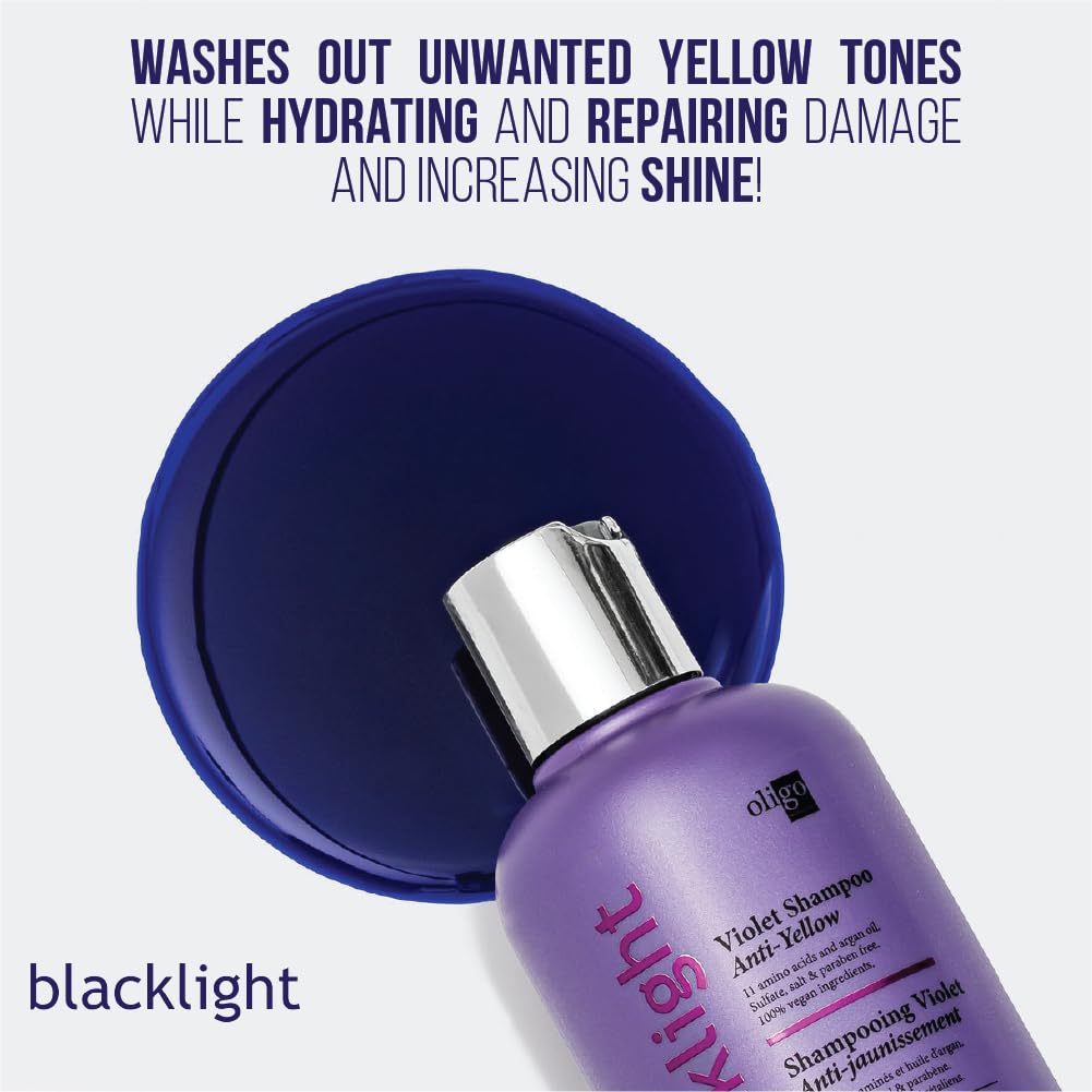 Oligo Professionnel Blacklight Violet Shampoo lather brightens blondes with sulfate-free care.