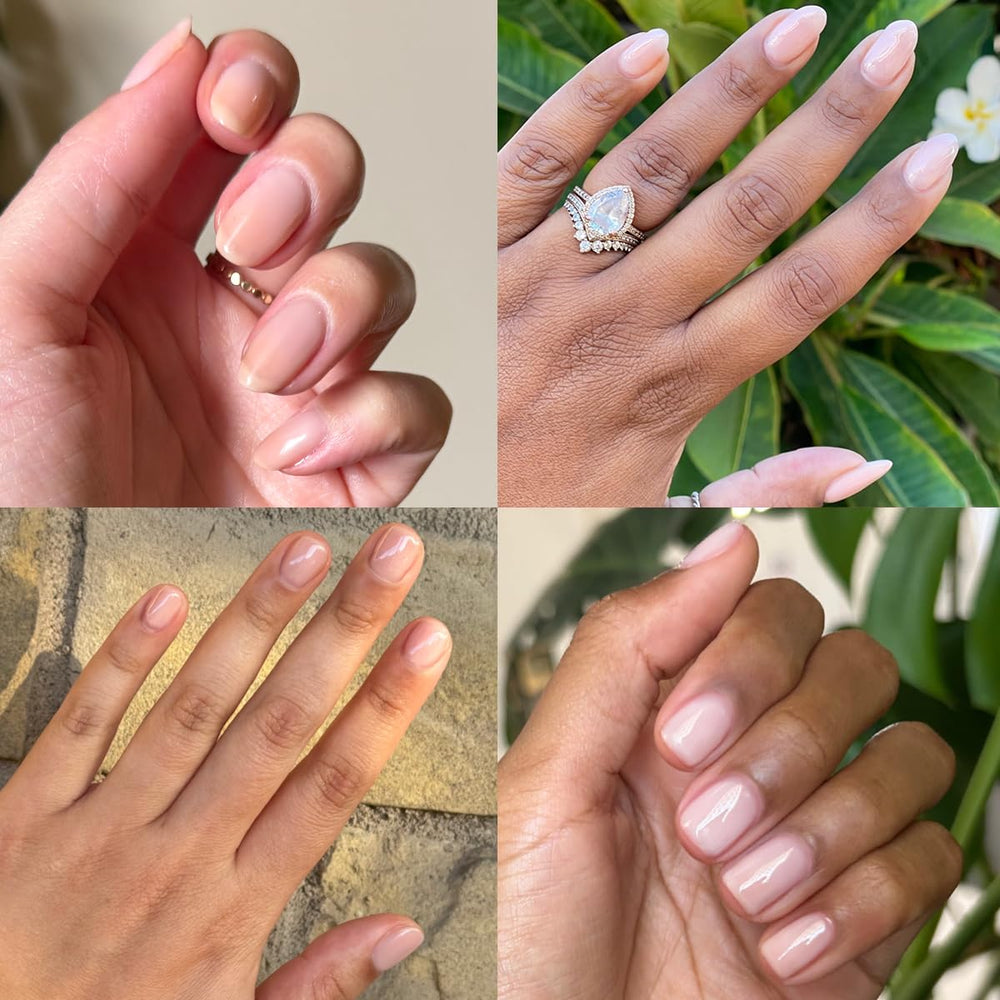 Aplicación de base gel Olive & June para adherencia duradera.