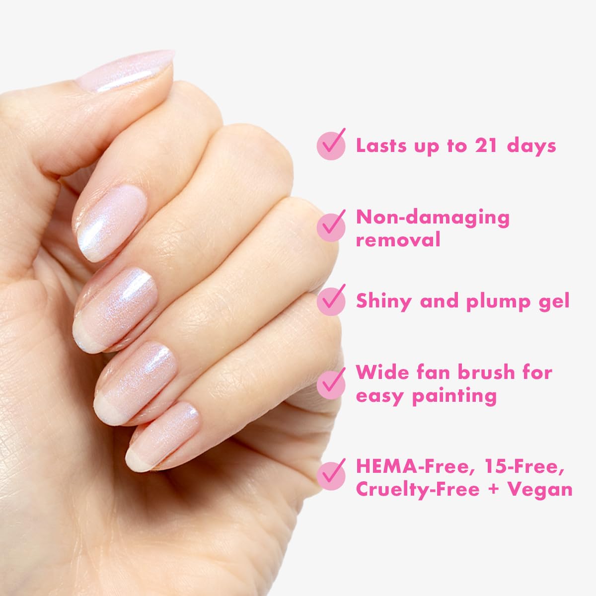 Capa fina de Olive & June Gel Polish para color uniforme y brillo intenso.