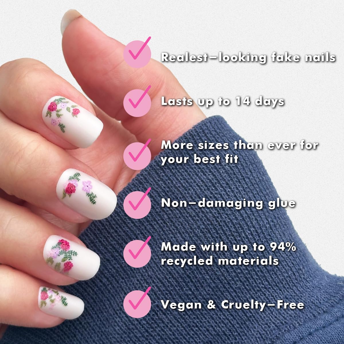 Nails on a hand from Olive & June Instant Mani demonstrate natural curved shape