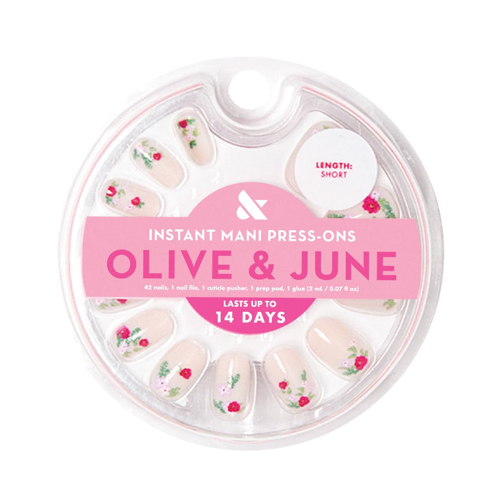 Swatches from Olive & June Instant Mani show color variety for at-home selection