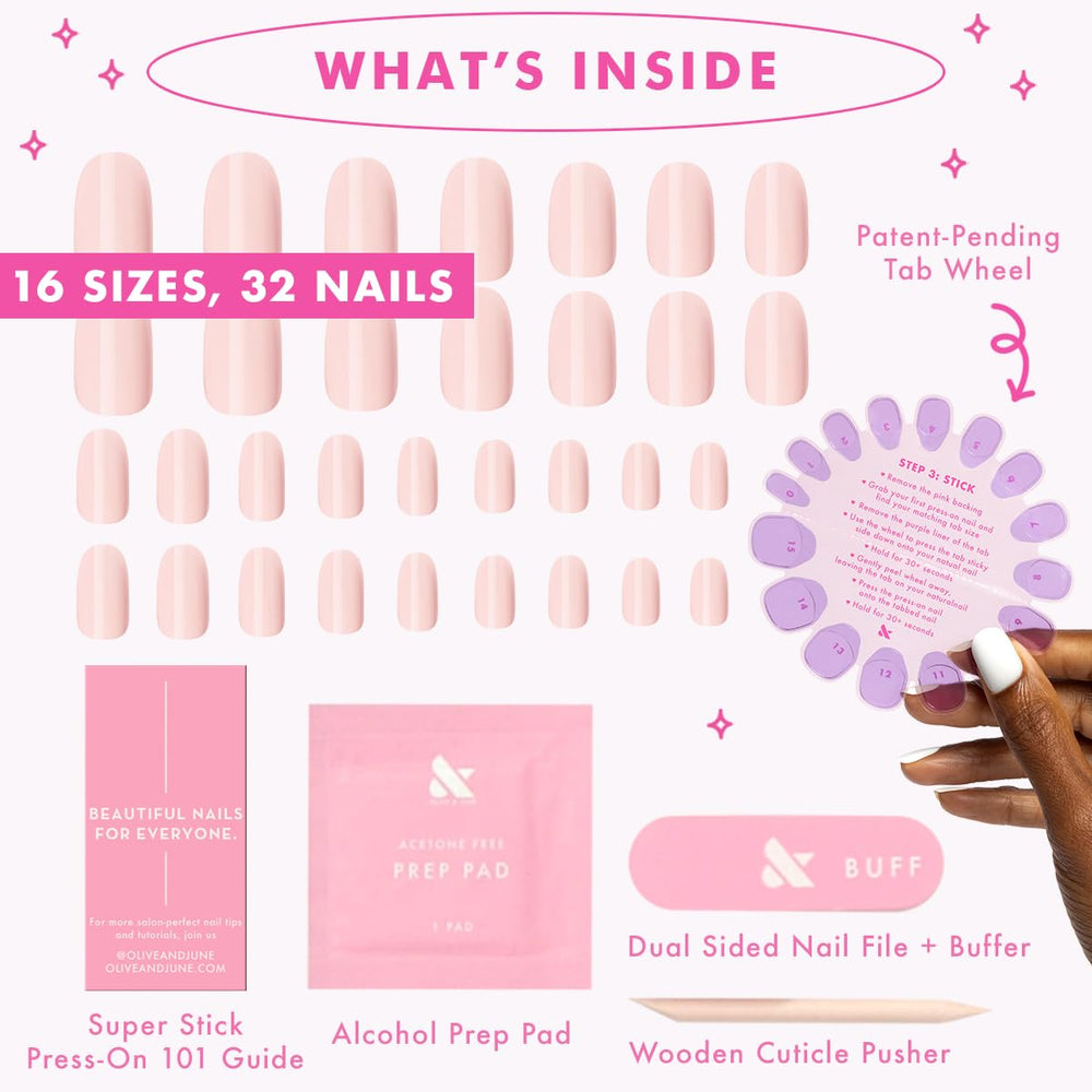 Kit completo de Olive & June con uñas, adhesivos, lima, buffer, prep pad y palito.