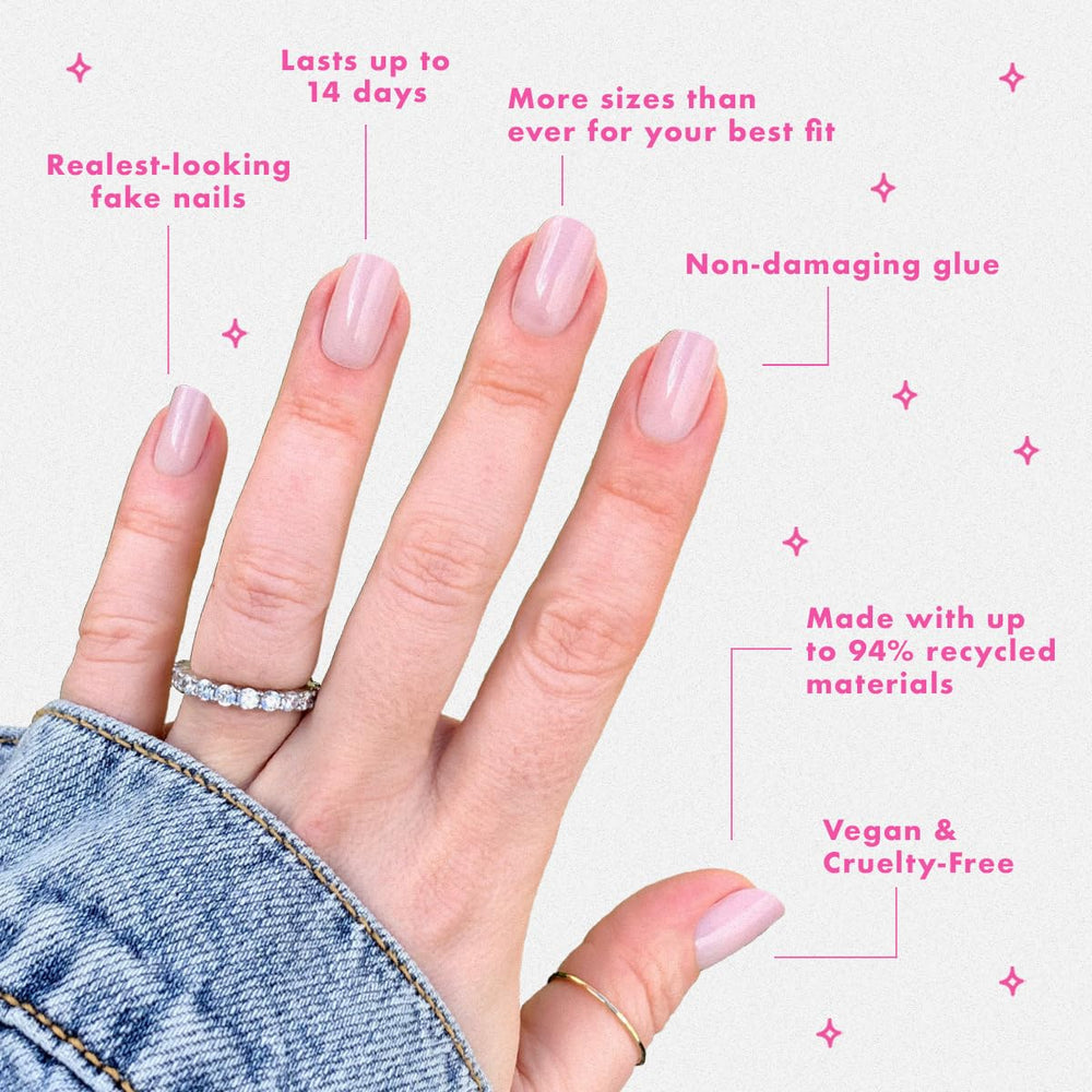 Non-toxic glue detail for durable, gentle bond on natural nails.