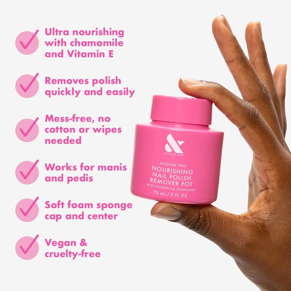 Nourishing Remover Pot de Olive & June, esponja interior facilita eliminación limpia.