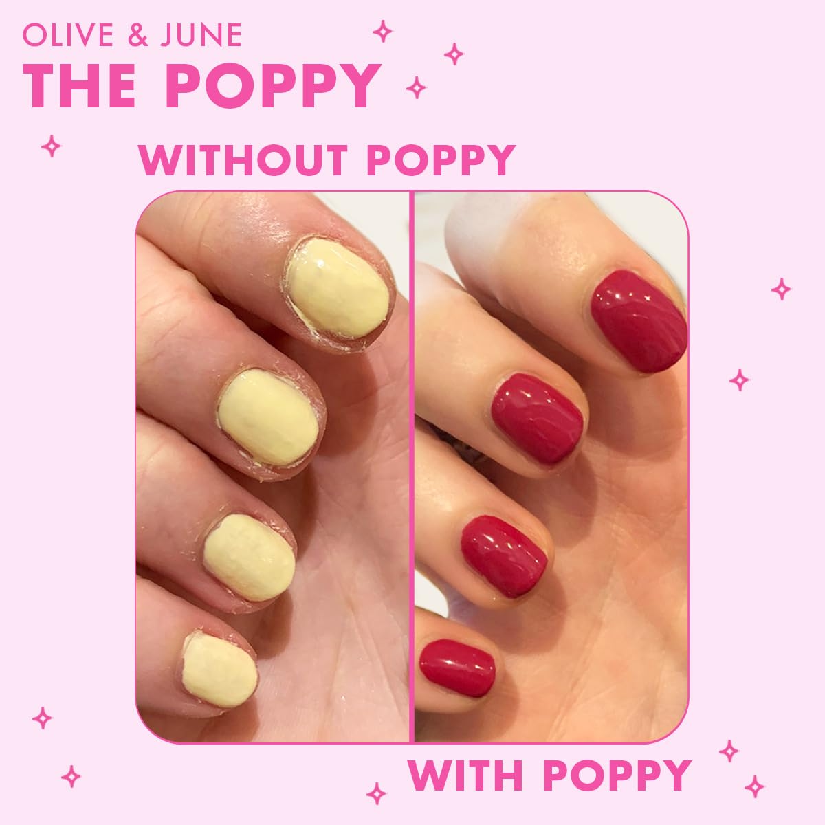 The Poppy de Olive & June: uso sencillo con cualquier botella para uñas.