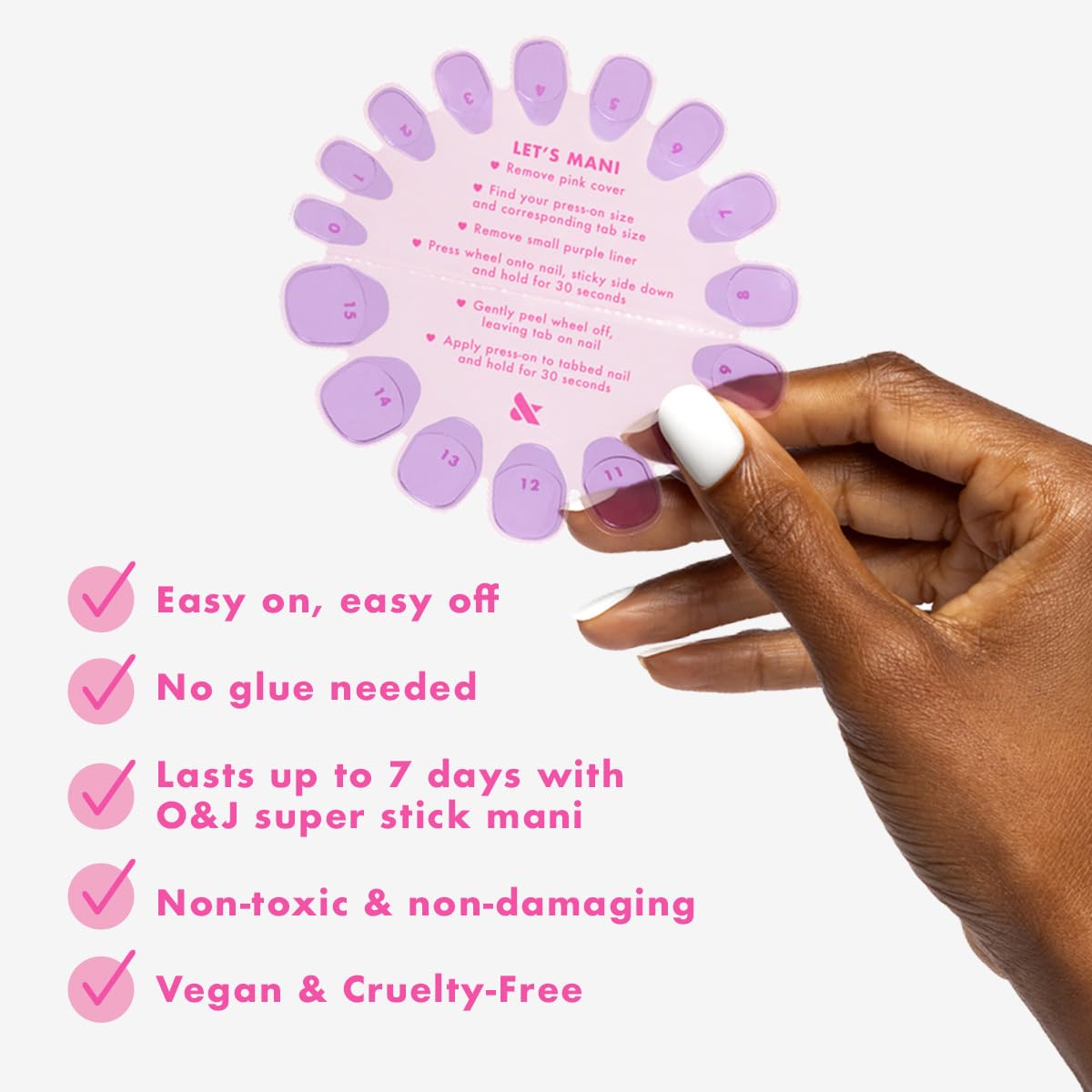 Olive & June press-on nails shown beside prep steps for a flawless finish.