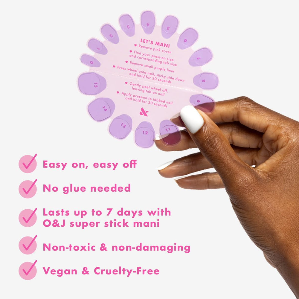 Olive & June press-on nails shown beside prep steps for a flawless finish.