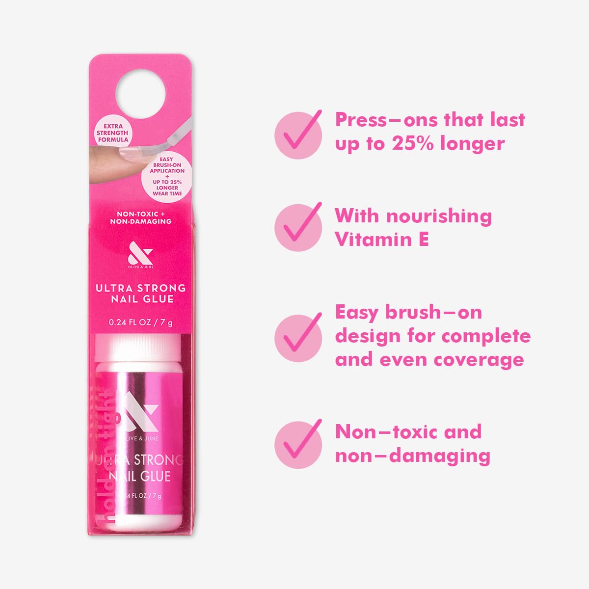 Vitamin E-infused Olive & June glue nourishes nails while delivering strong hold.