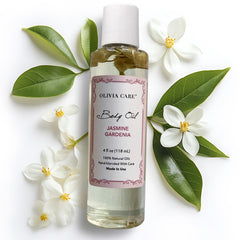 Olivia Care Jasmine Gardenia dispensador en uso, nutrición diaria para piel radiante.