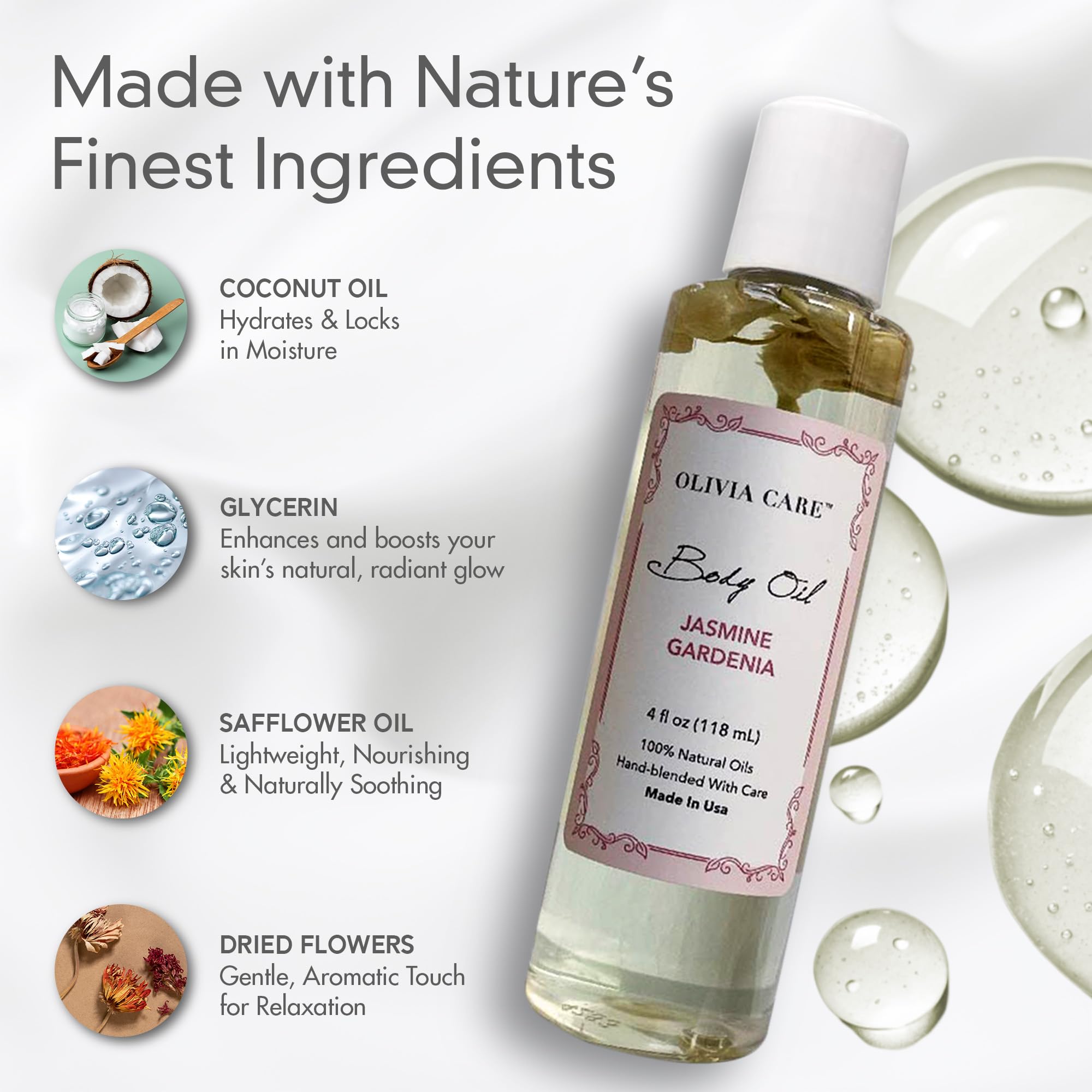 Olivia Care Jasmine Gardenia botella y etiqueta, aroma floral calmante.