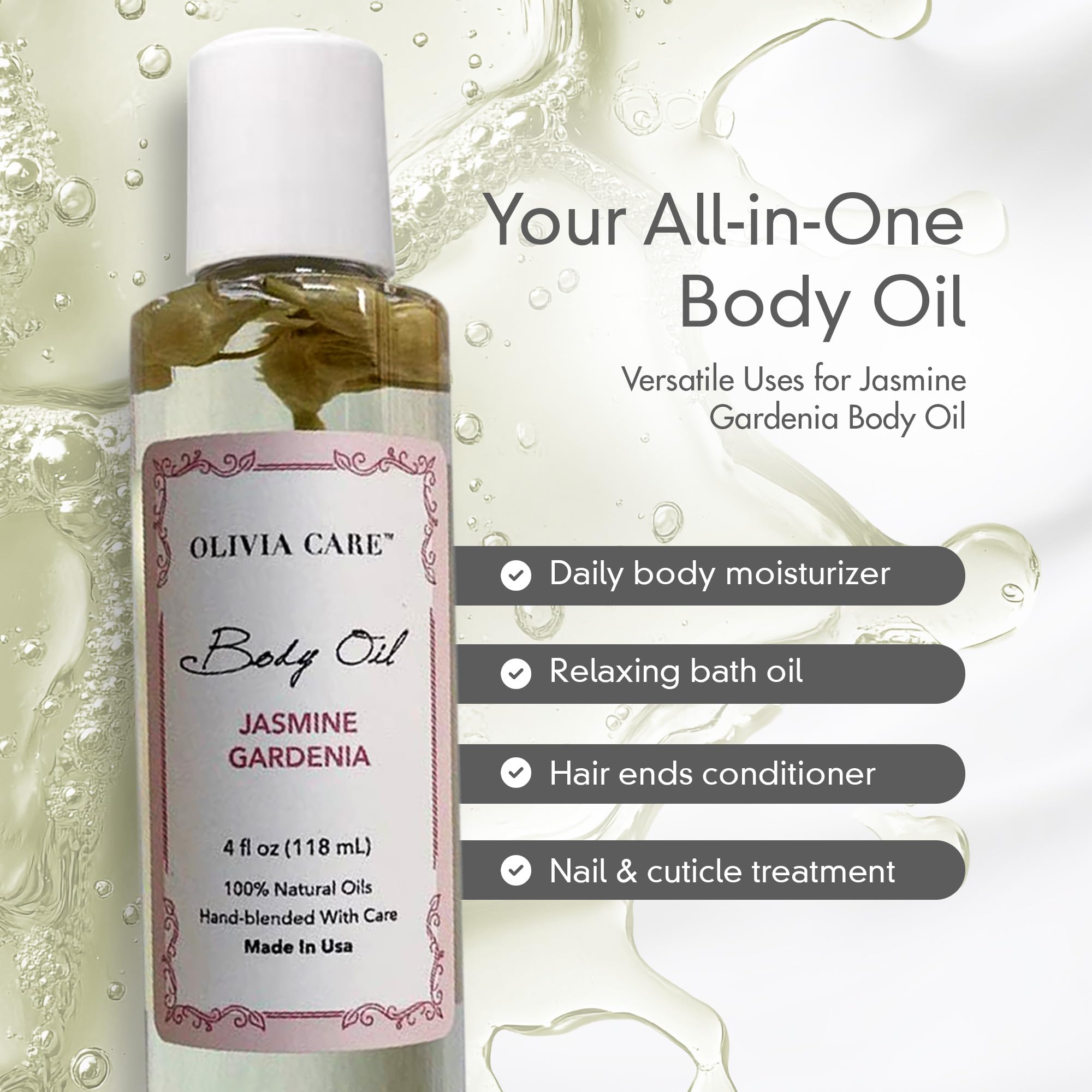 Olivia Care Jasmine Gardenia ingrediente clave, vitamina E y Omega para piel saludable.