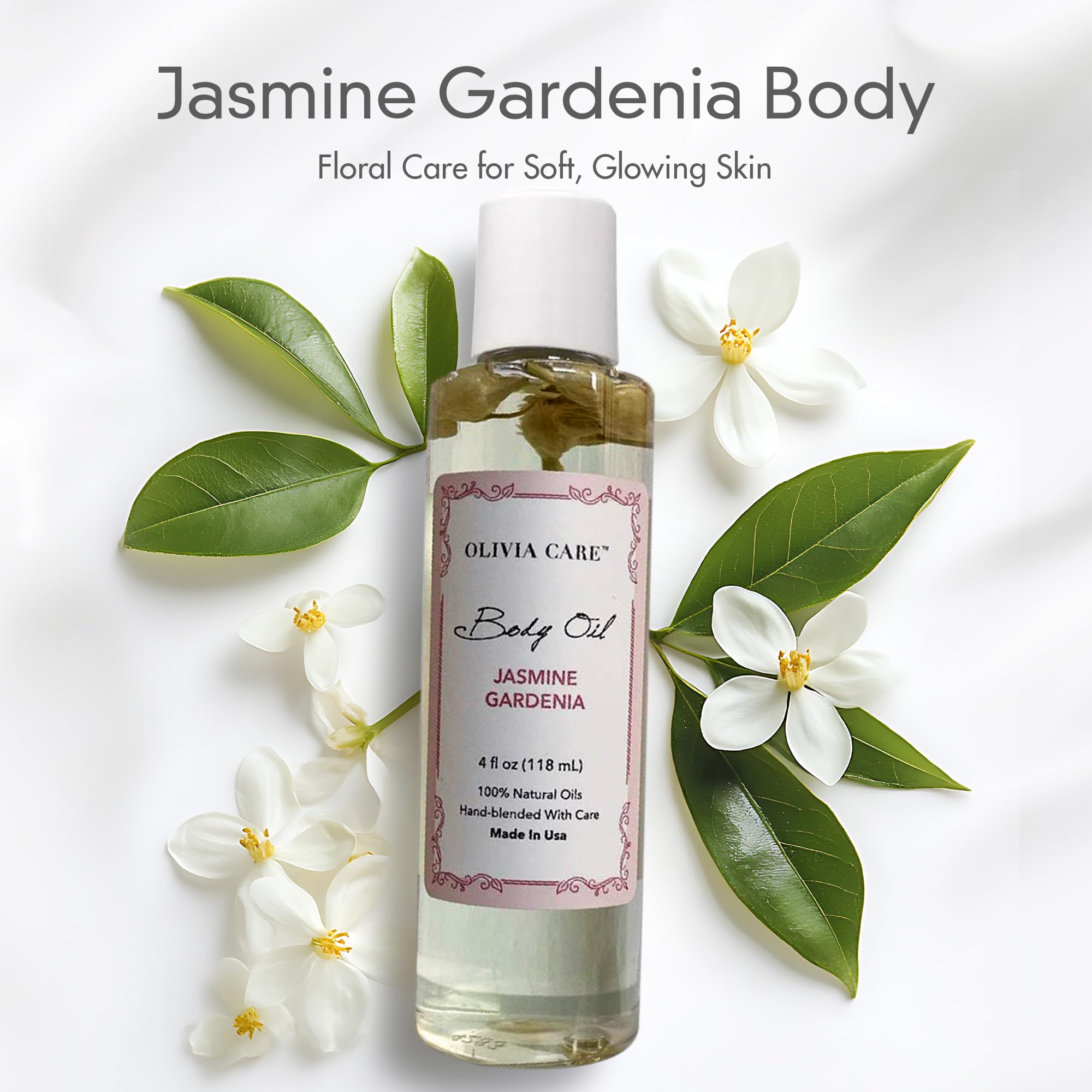 Olivia Care Jasmine Gardenia textura del aceite, absorción rápida para piel sensible.