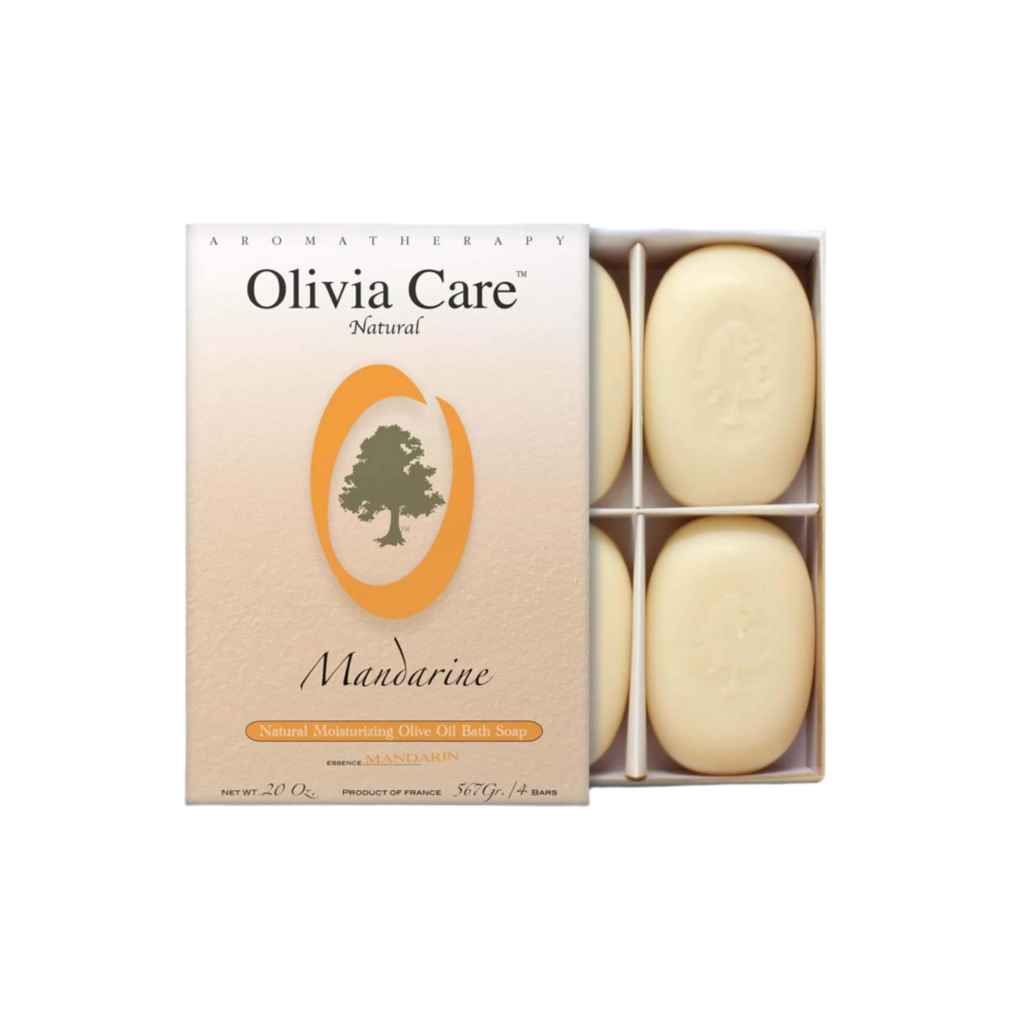 Olivia Care Jabon Mandarina Regalo 4 Barras frente, ideal para regalo y cuidado diario