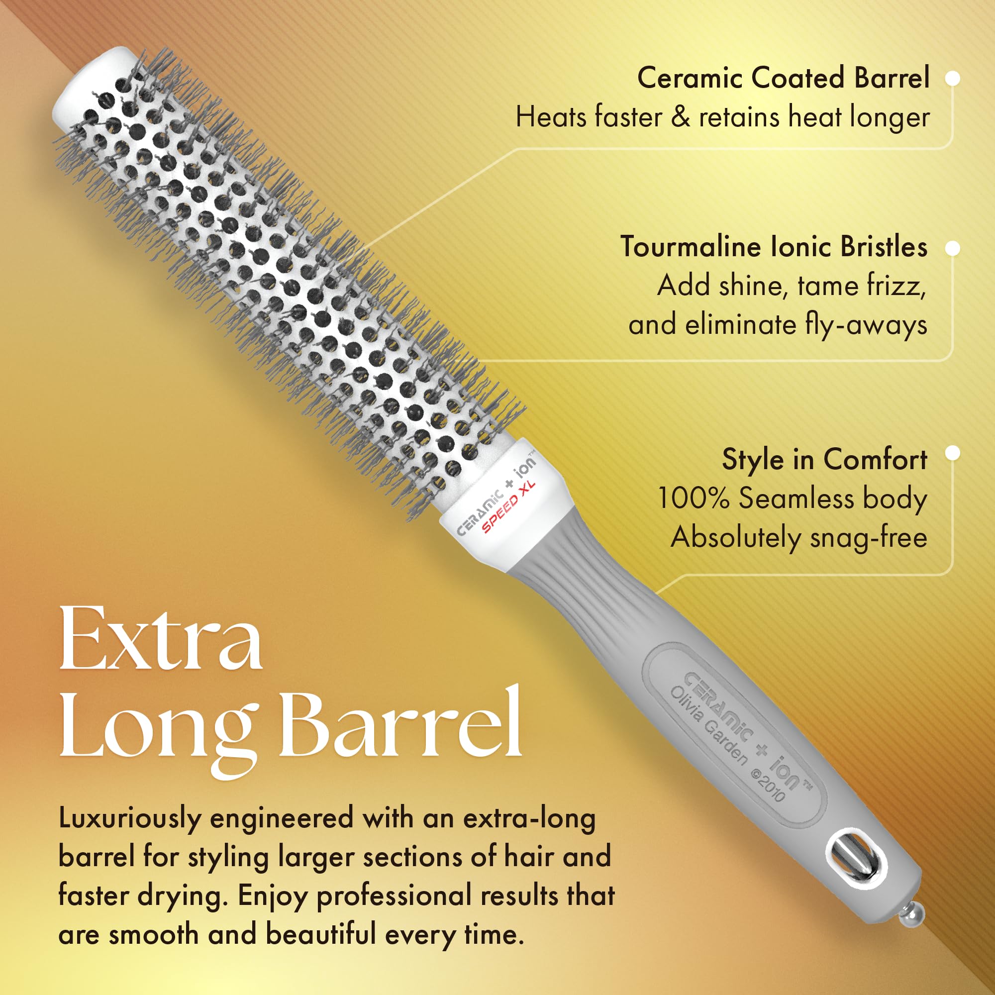 Retractable sectioning pick on Olivia Garden brush shown for precise parting during blowouts.