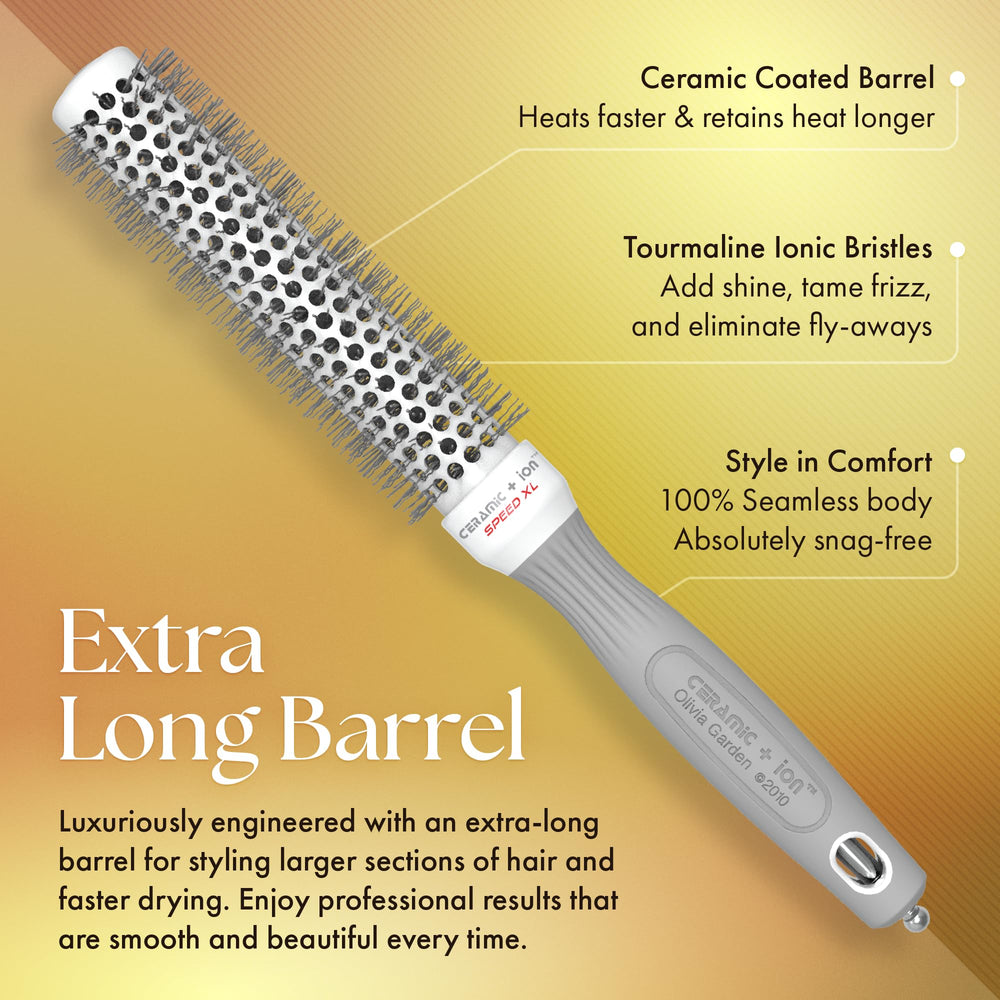 Retractable sectioning pick on Olivia Garden brush shown for precise parting during blowouts.