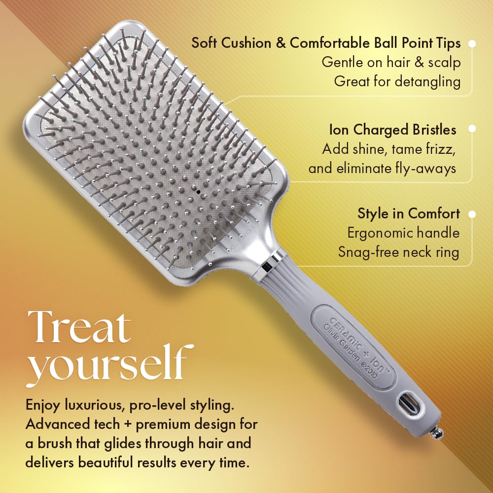 Olivia Garden brush featuring anti-static bristles to reduce frizz during brushing.