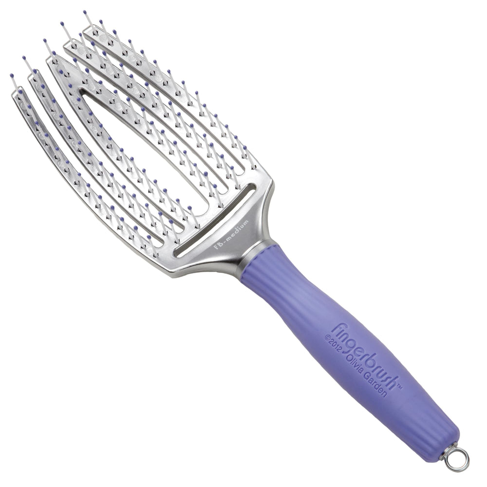 Olivia Garden Finger Brush with scalp-hugging vented paddle for gentle detangling and spa-like scalp massage.