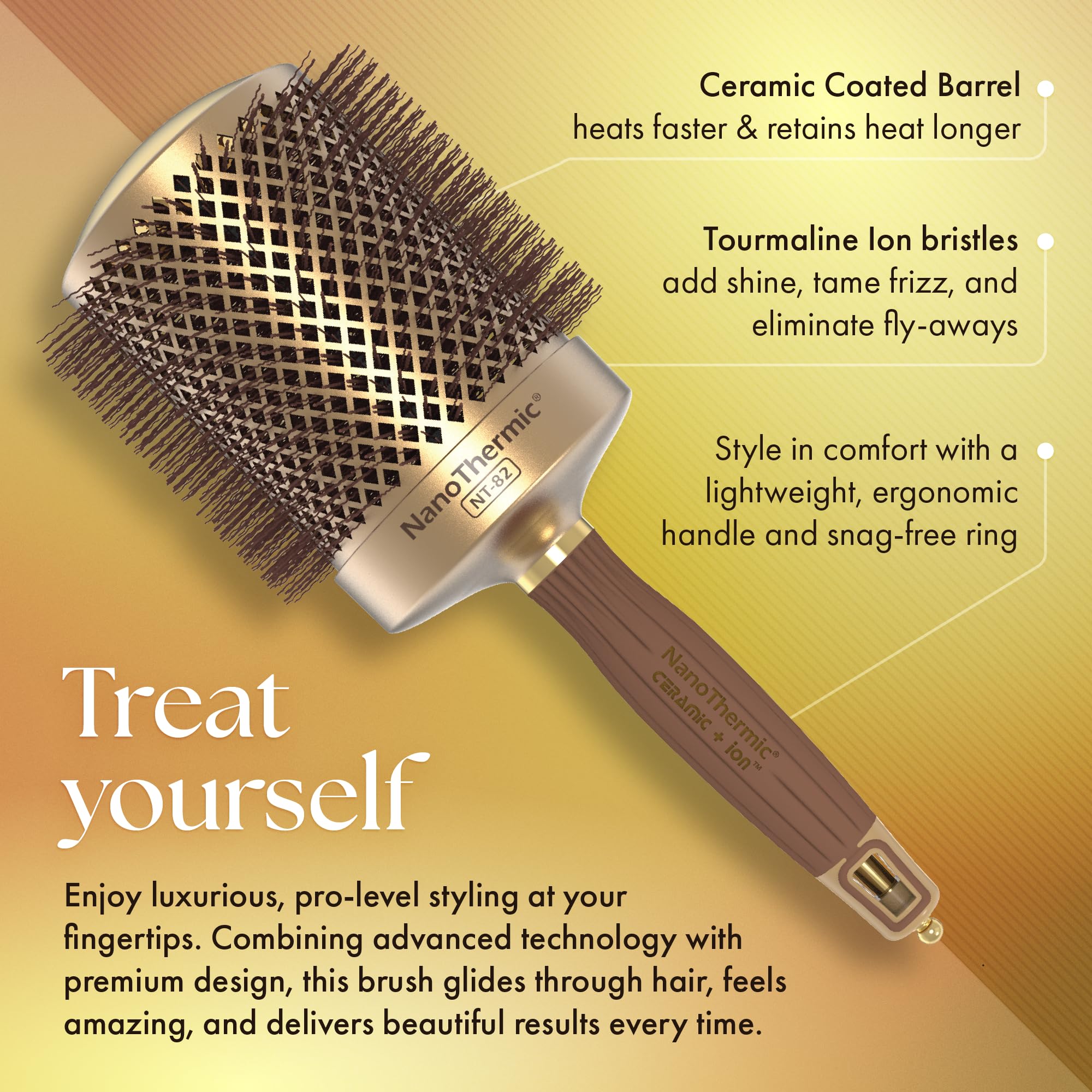 Olivia Garden NanoThermic round brush ceramic vents distribute heat evenly for faster drying.