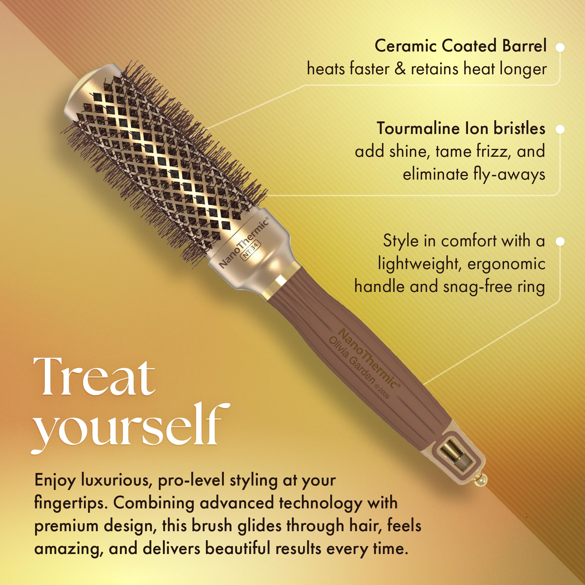Olivia Garden snag-free-ring-design helps smooth sections during brushing.