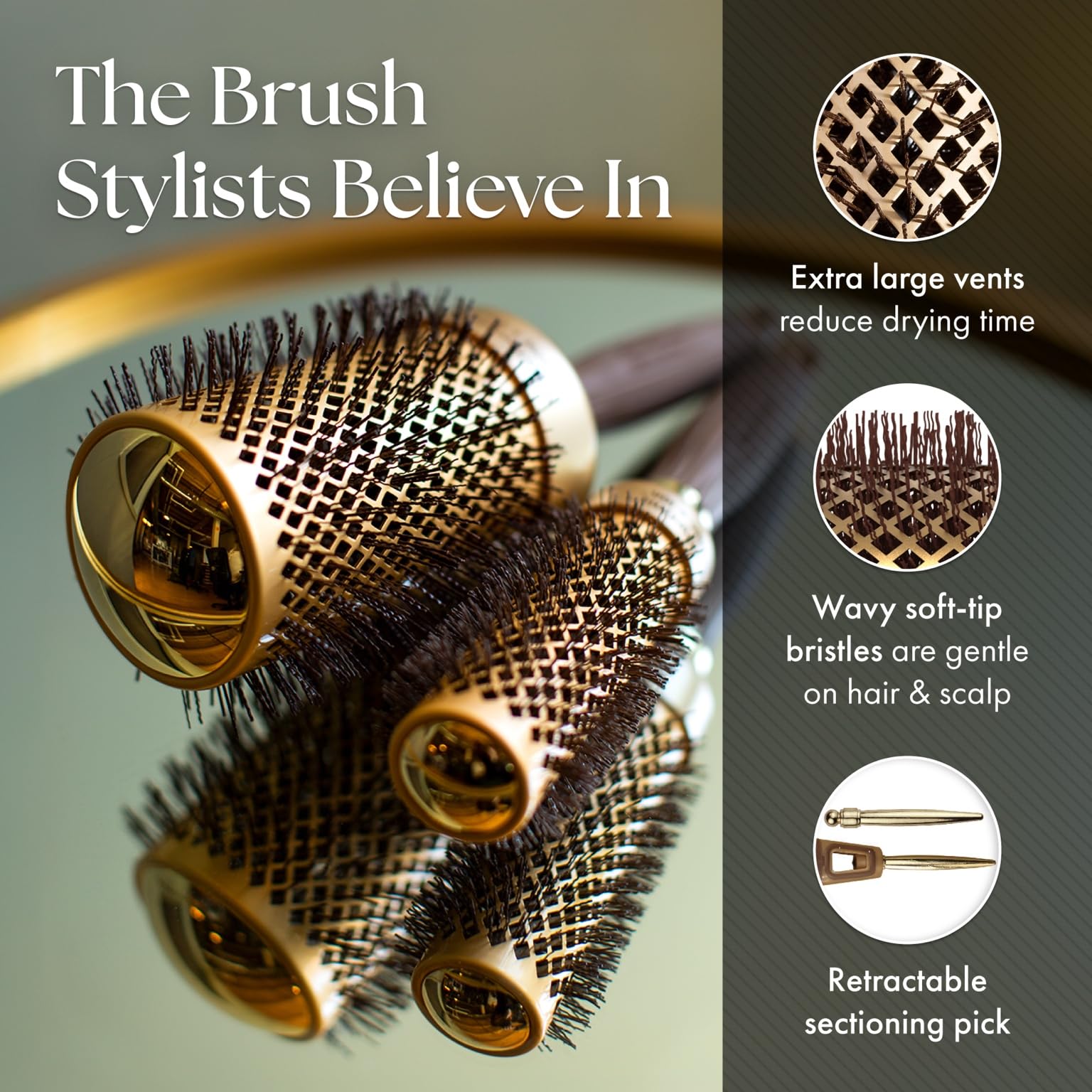 Olivia Garden soft-tip anti-static bristles protect scalp during detangling.