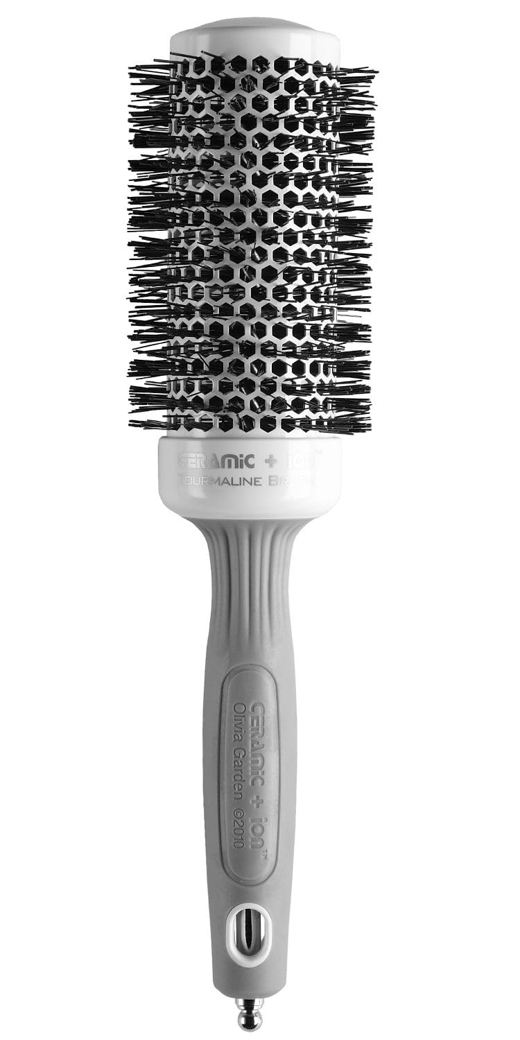 Olivia Garden Ceramic + Ion Round Thermal Brush barrel close-up showing smooth surface for easier styling