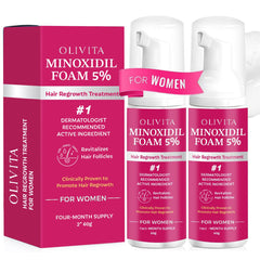 OLIVITA 5% Minoxidil Foam bottle dispense for easy, mess-free scalp application.