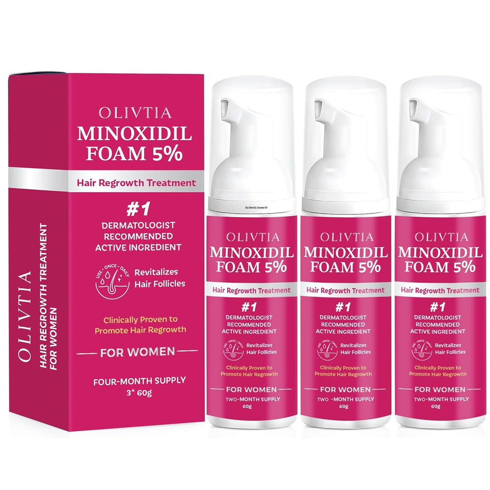 OLIVITA 5% Minoxidil foam bottle shown for daily hair regrowth support.