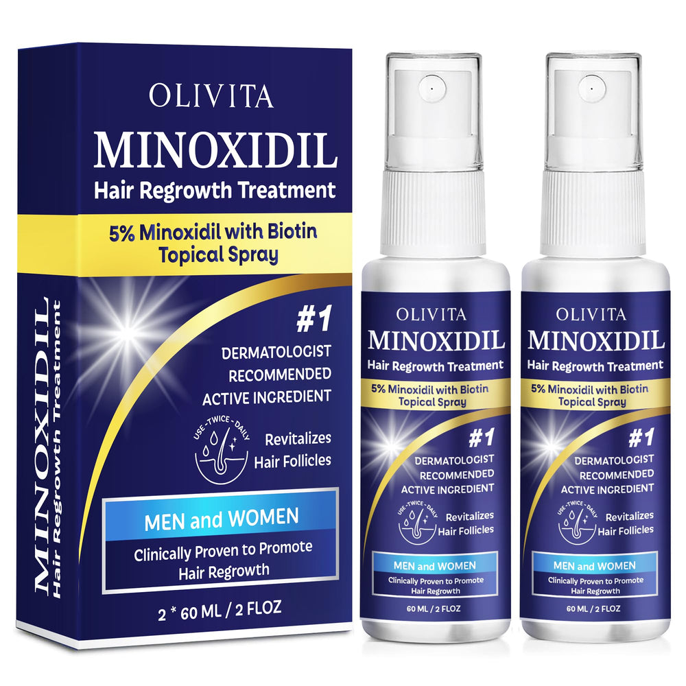 OLIVITA Minoxidil spray para aplicación rápida sin grasa, ideal para el cuidado diario.