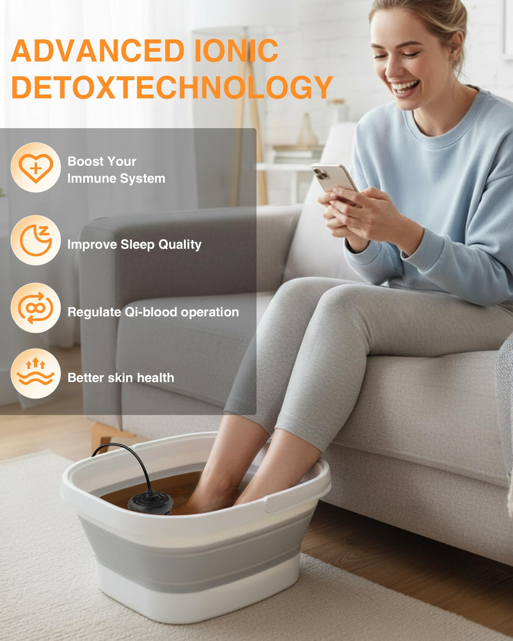 Olixie ionic foot bath with two arrays for efficient soaking.