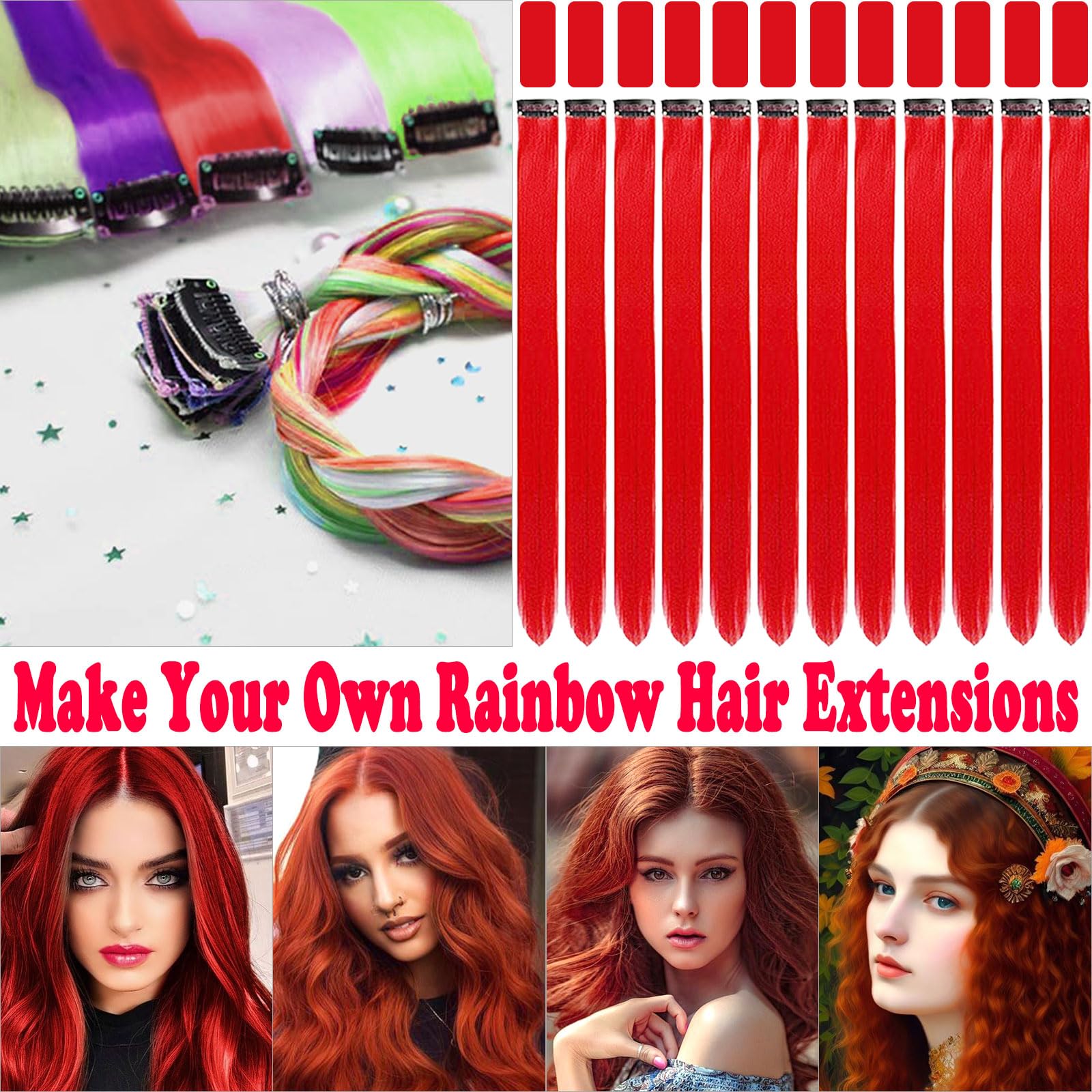 Olldag clip-in red hair extensions 12pcs secured with snap clips.