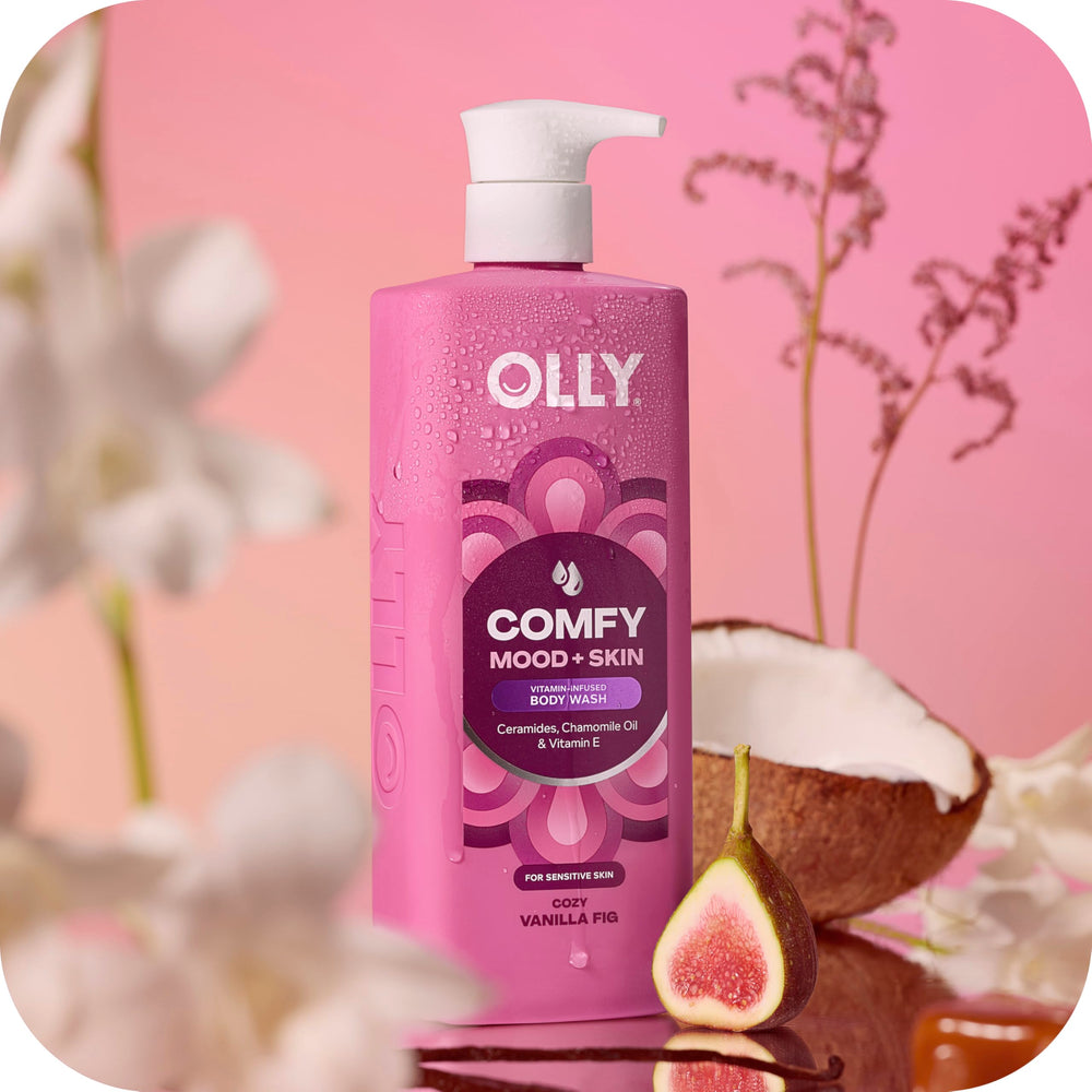 OLLY Body Wash Comfy Mood: ceramidas nutritivas, cuidado de la barrera cutánea.