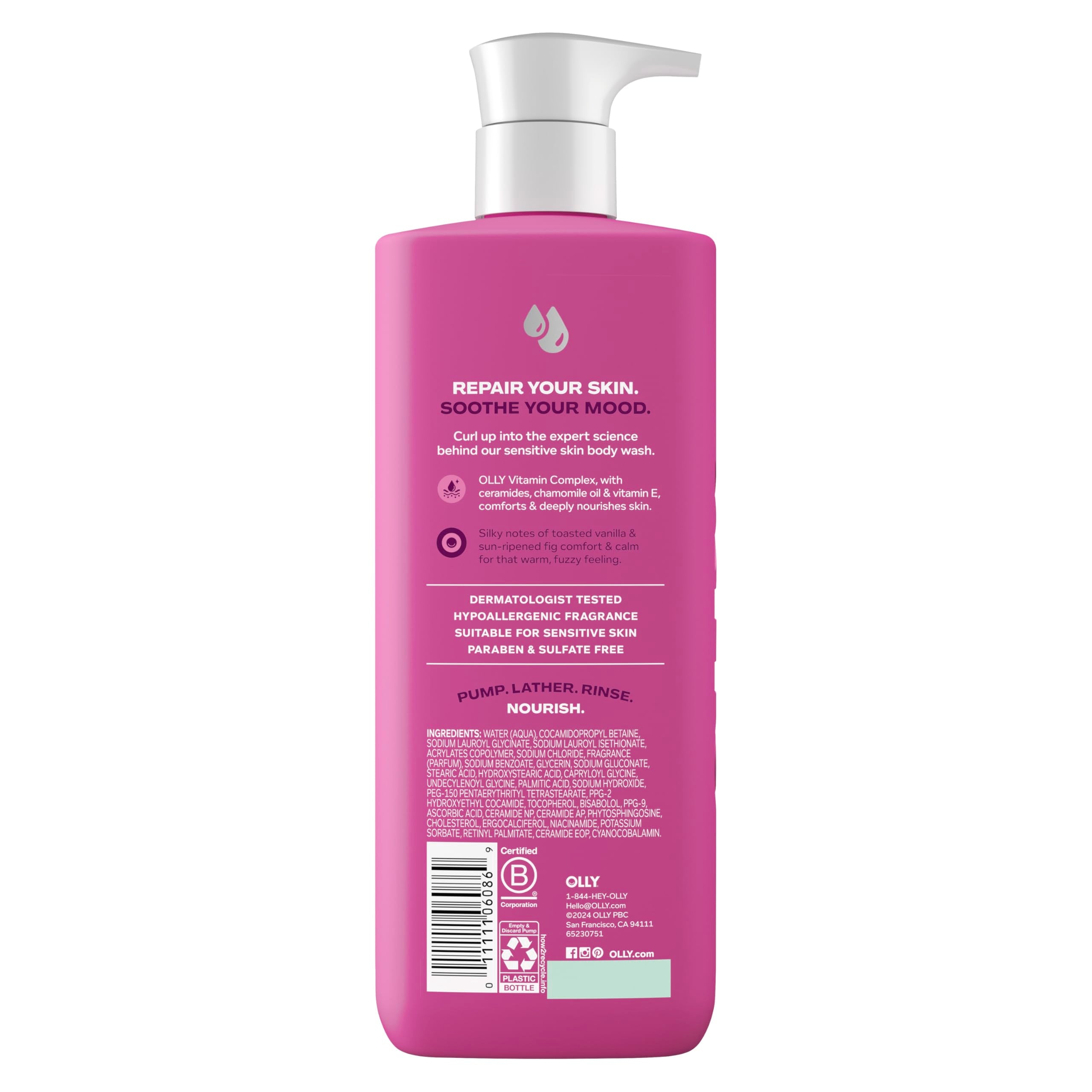 OLLY Body Wash Comfy Mood: etiqueta diseño, fragancia reconfortante para la ducha.