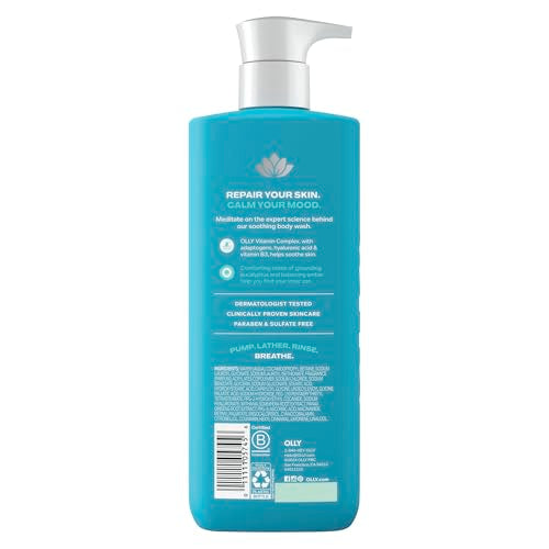 OLLY Calm Mood Skin Body Wash label close-up highlighting hydrating ingredients