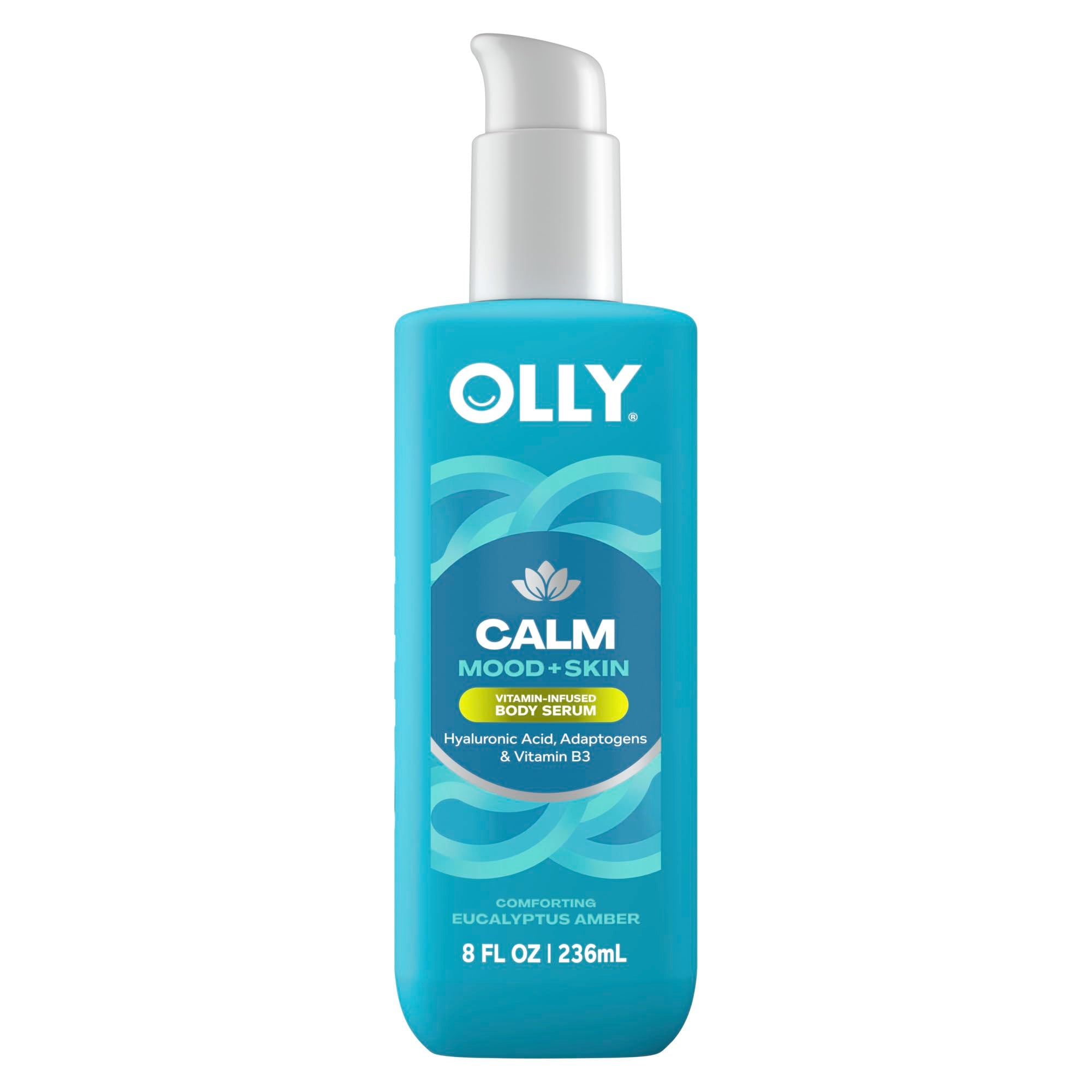 OLLY Calm Mood + Skin Serum, frasco elegante que hidrata la piel tras la ducha.