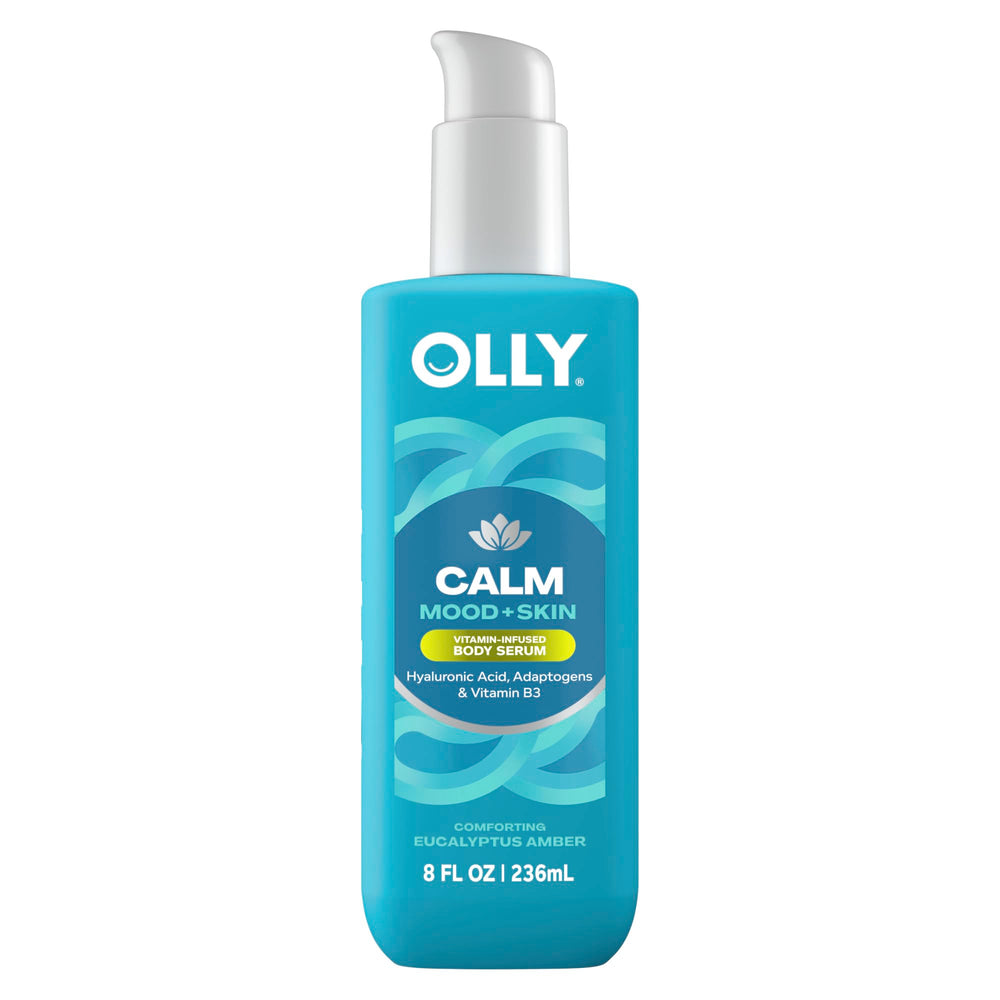OLLY Calm Mood + Skin Serum, frasco elegante que hidrata la piel tras la ducha.