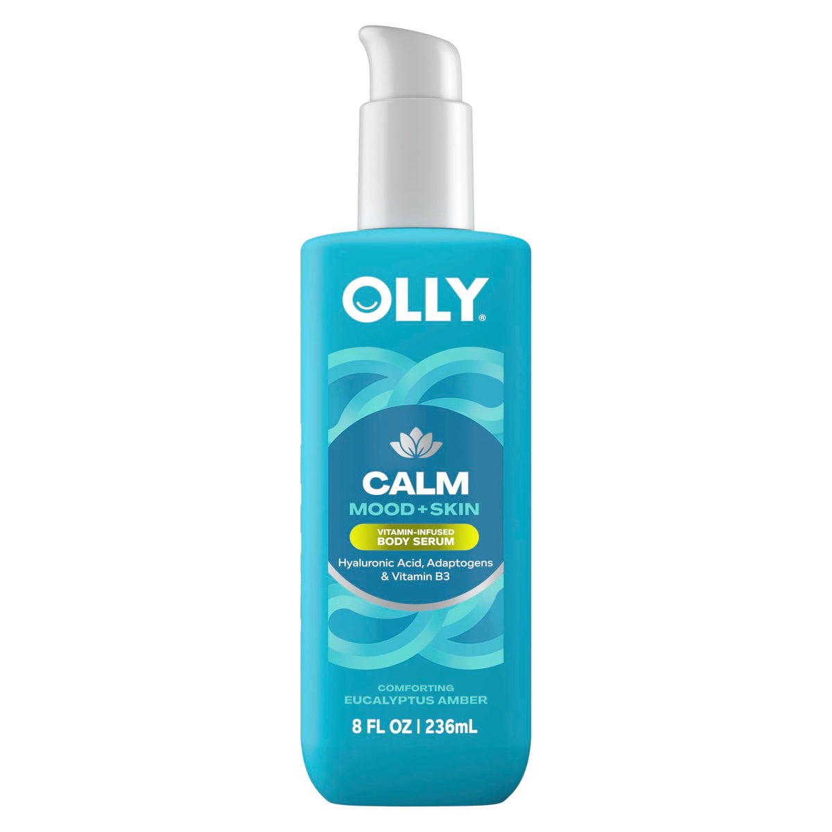 OLLY Calm Mood + Skin Serum, frasco elegante que hidrata la piel tras la ducha.