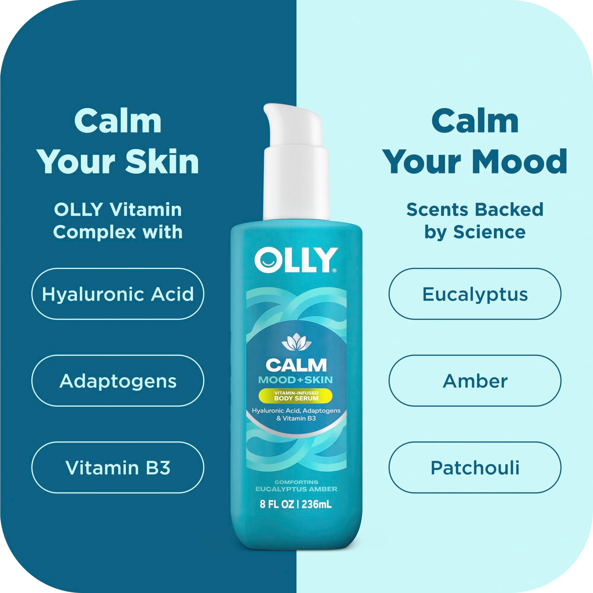 OLLY Calm Mood + Skin Serum, fragancia calmante para relajar tras la ducha.