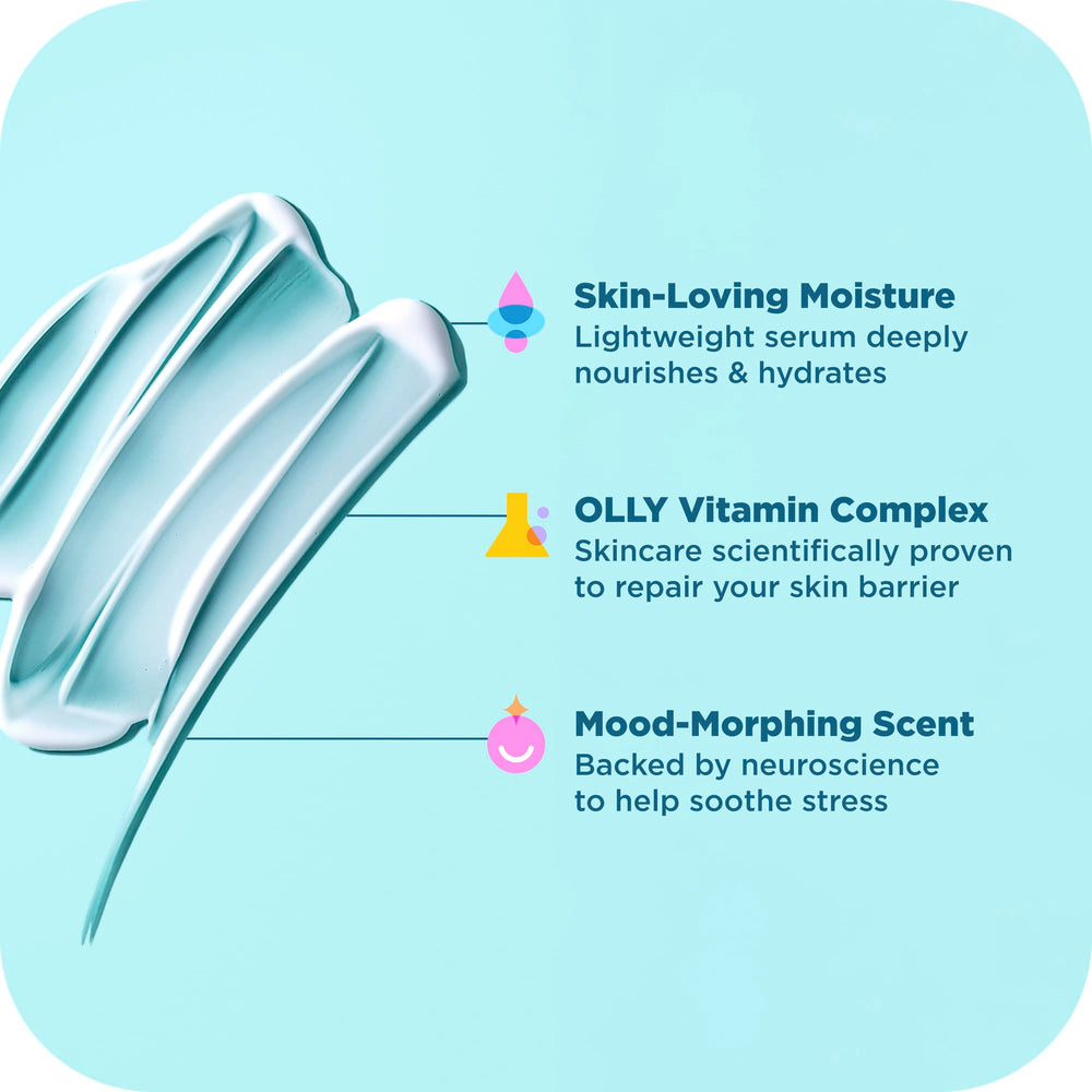 OLLY Calm Mood + Skin Serum, fórmula con ácido hialurónico y adaptógenos para piel suave.