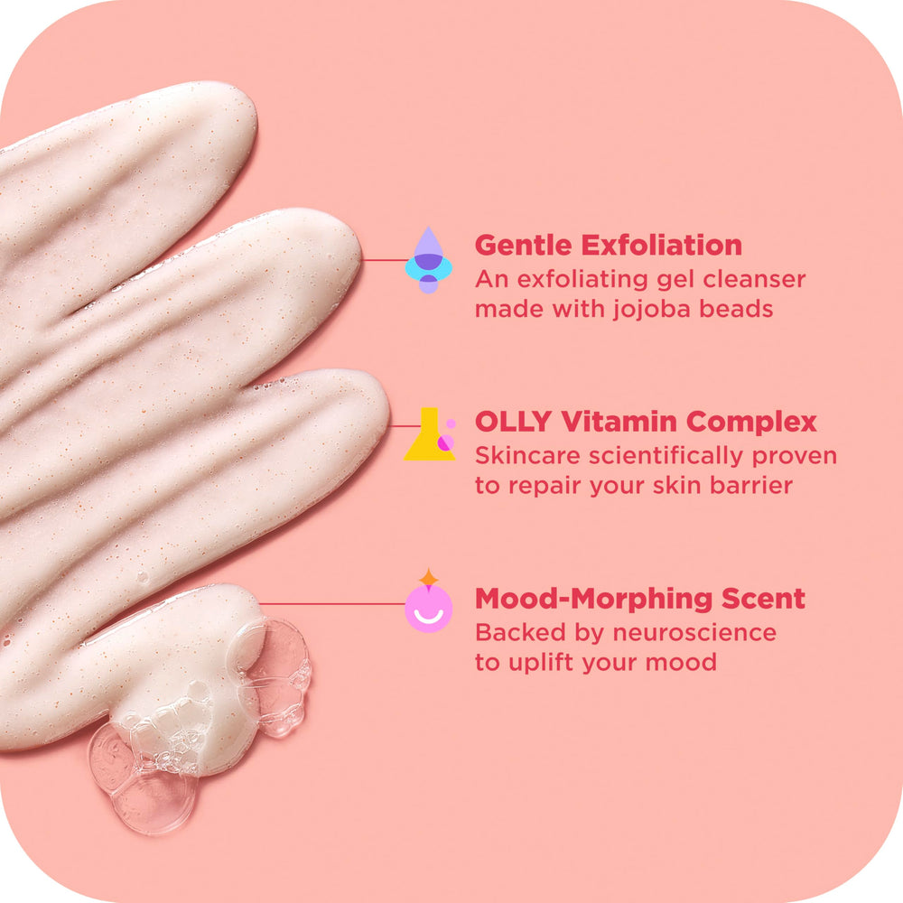 OLLY Exfoliating Body Wash Happy Mood acercamiento-perlas-jojoba: exfoliación suave con nutrientes